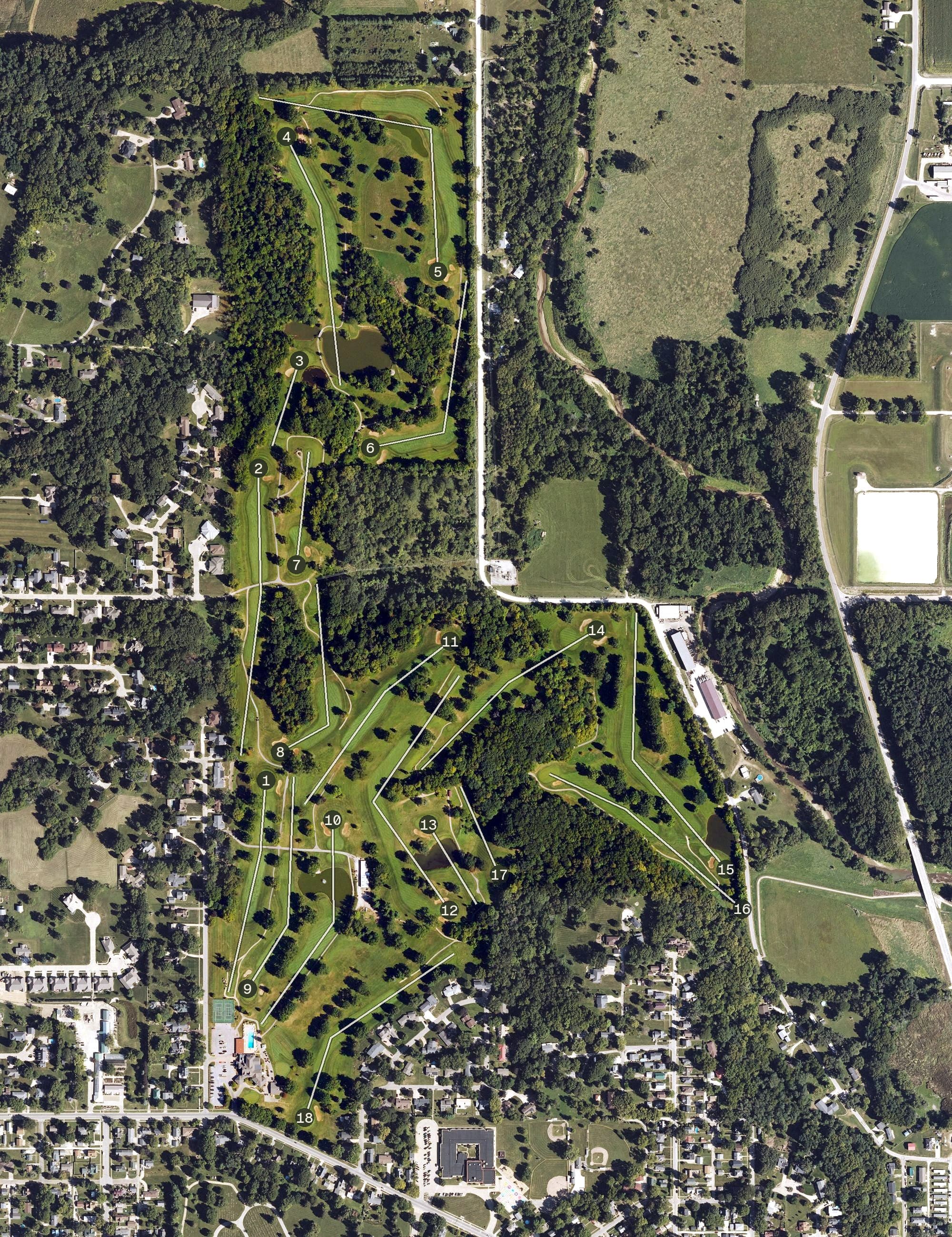 Aerial view of Burlington Golf Club, IA, with its hole routing marked