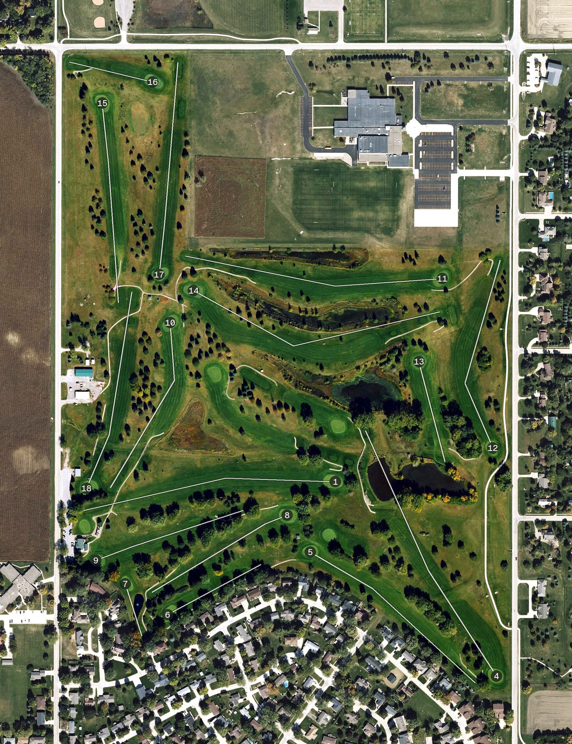 Aerial view of Carroll Municipal Golf Course, IA, with its hole routing marked