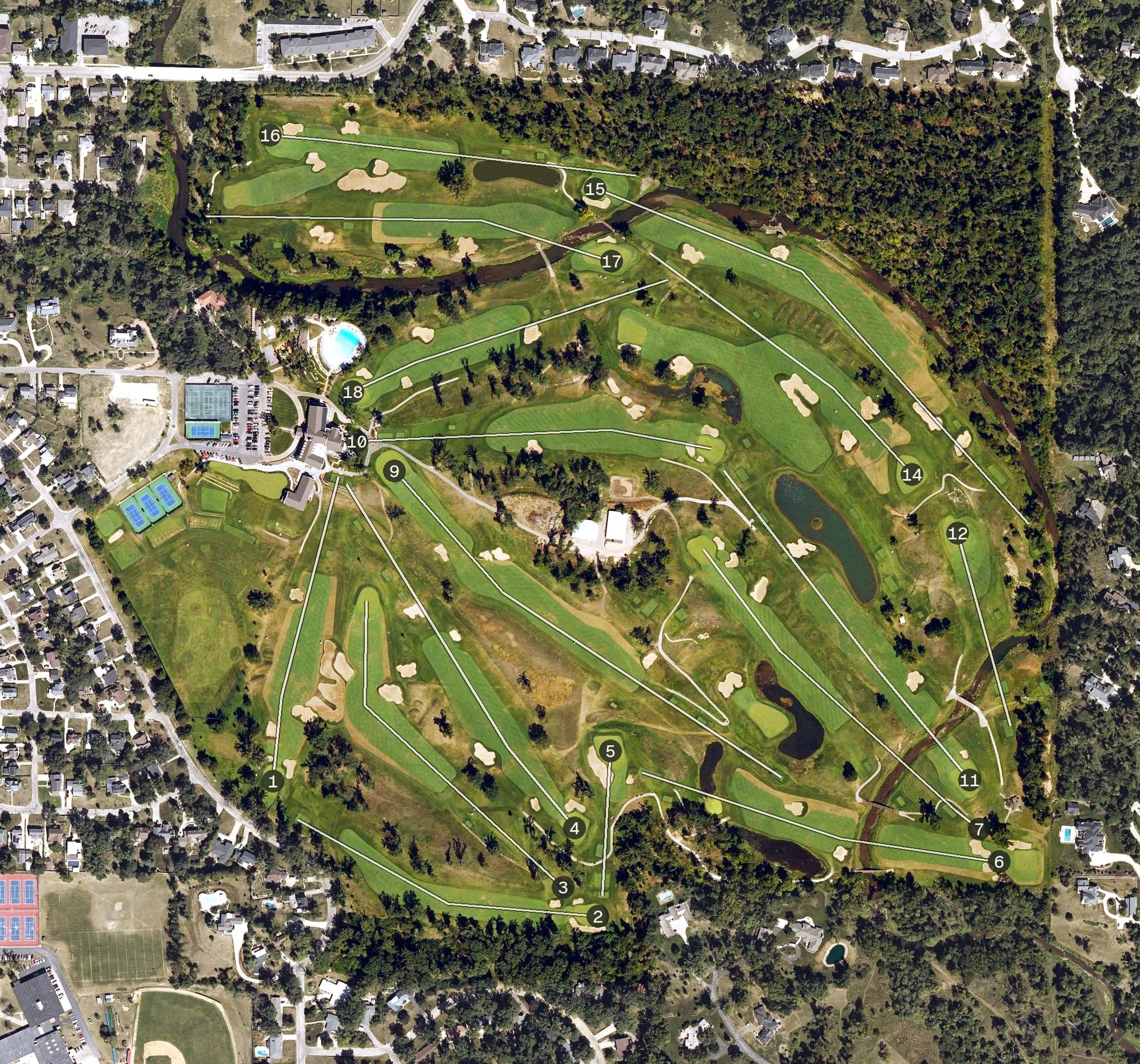 Aerial view of Cedar Rapids Country Club, IA, with its hole routing marked
