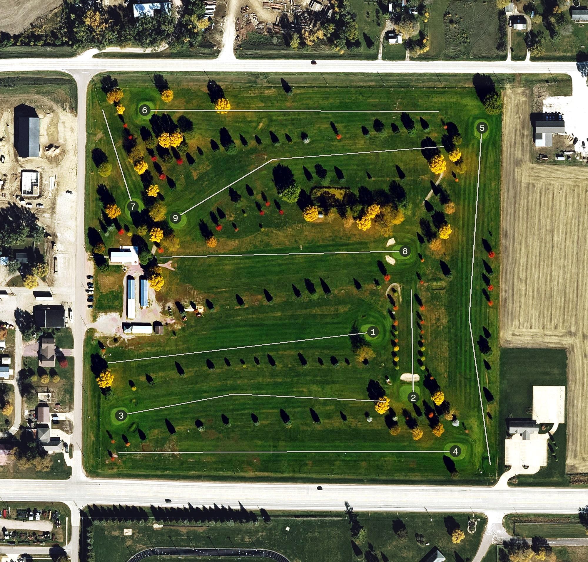 Aerial view of Correctionville Golf Club, IA, with its hole routing marked