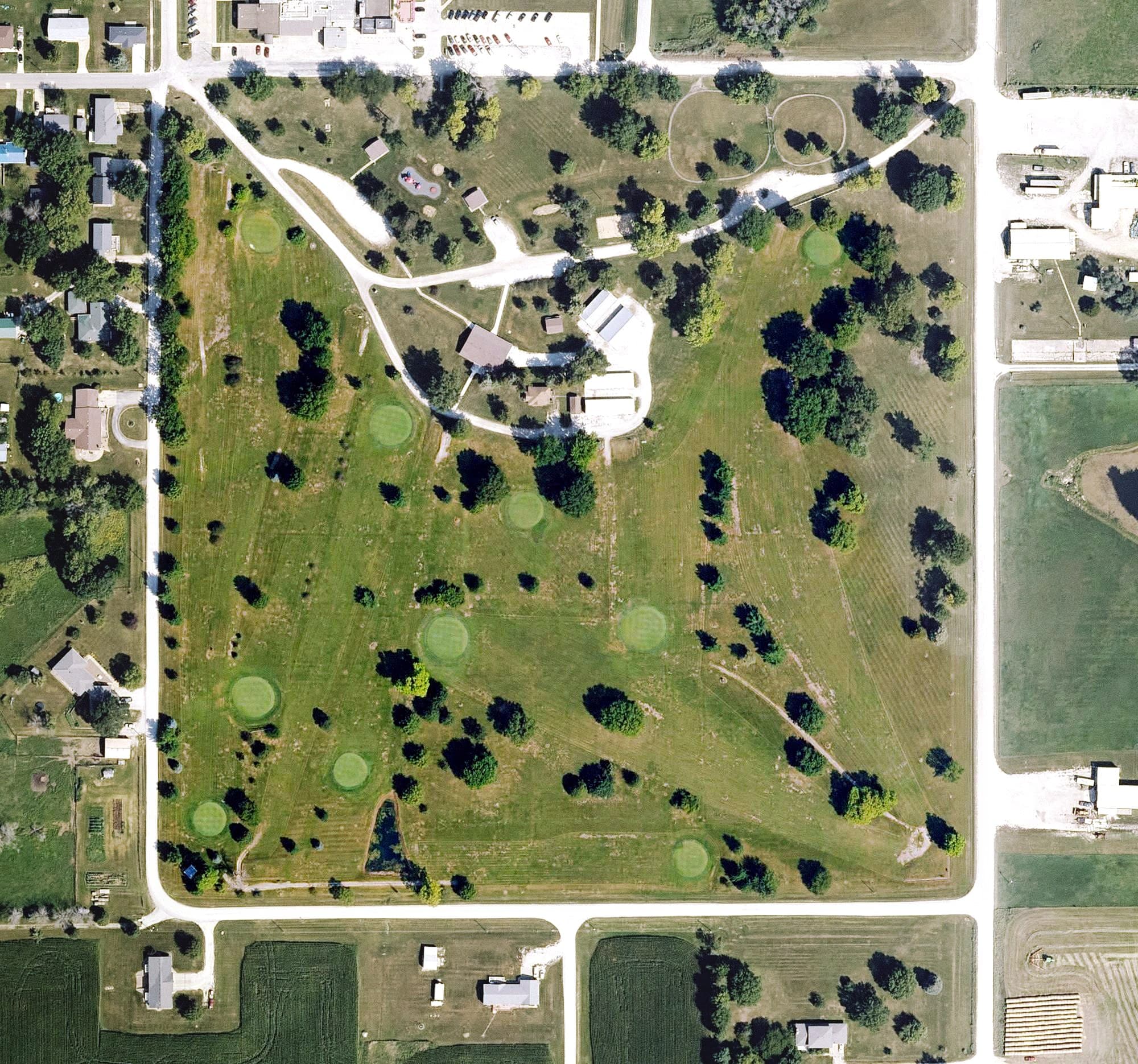 Aerial view of Corydon Municipal Golf Course, IA, with its hole routing marked