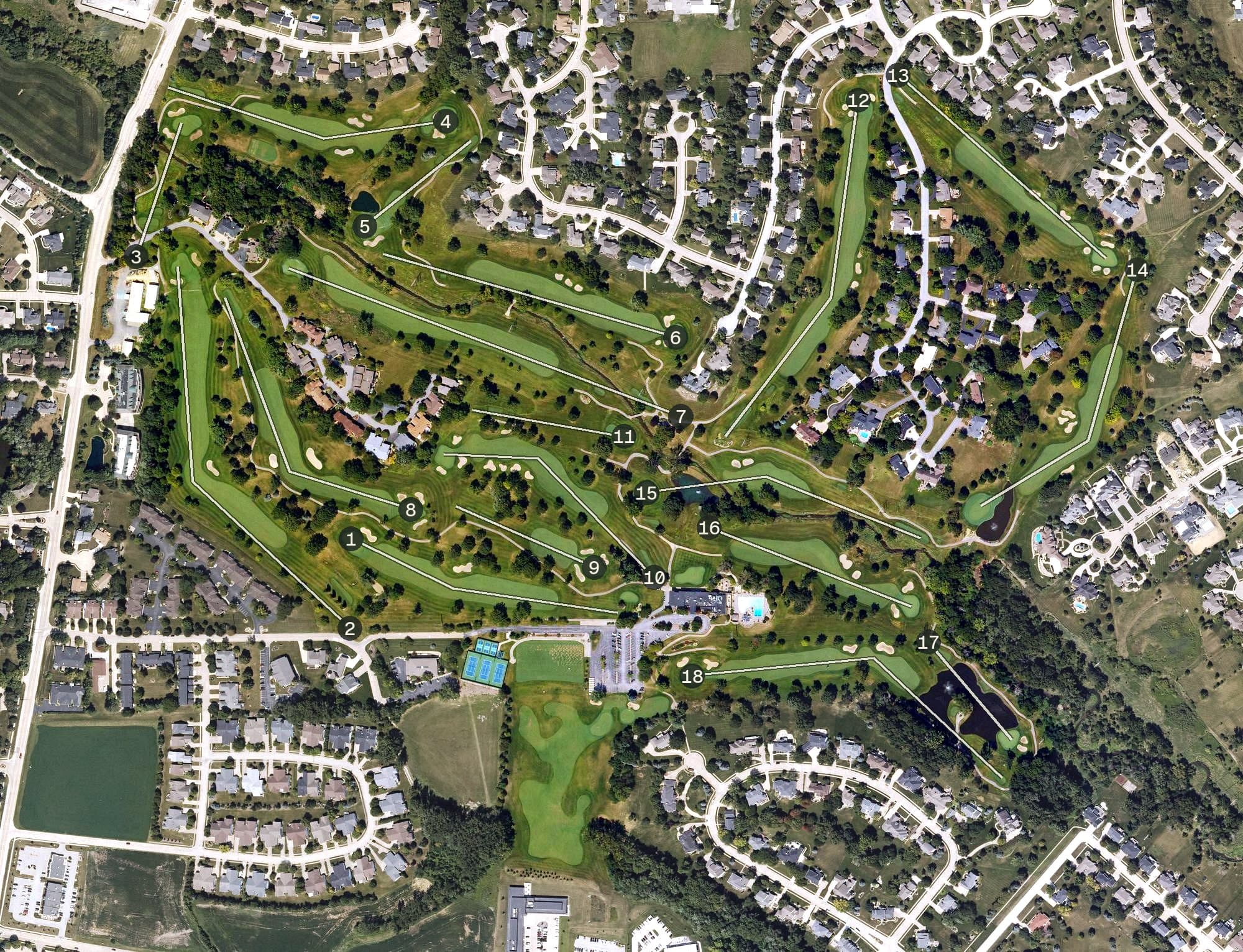 Aerial view of Crow Valley Golf Club, IA, with its hole routing marked