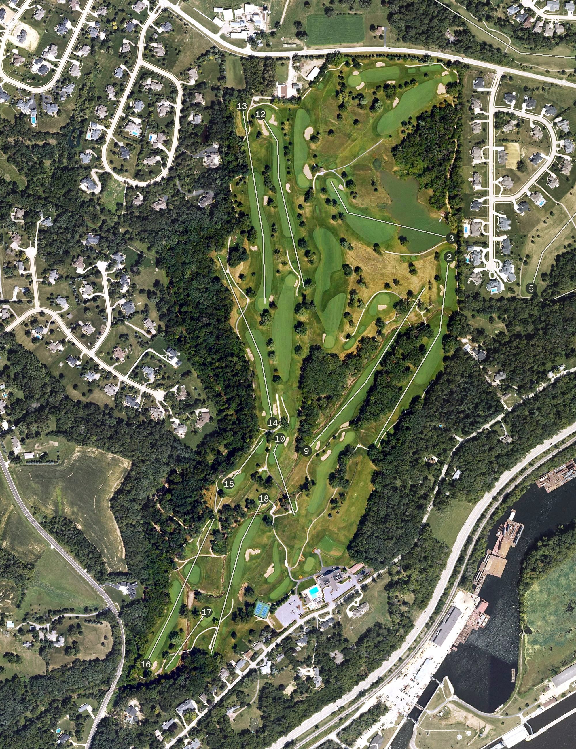 Aerial view of Davenport Country Club, IA, with its hole routing marked