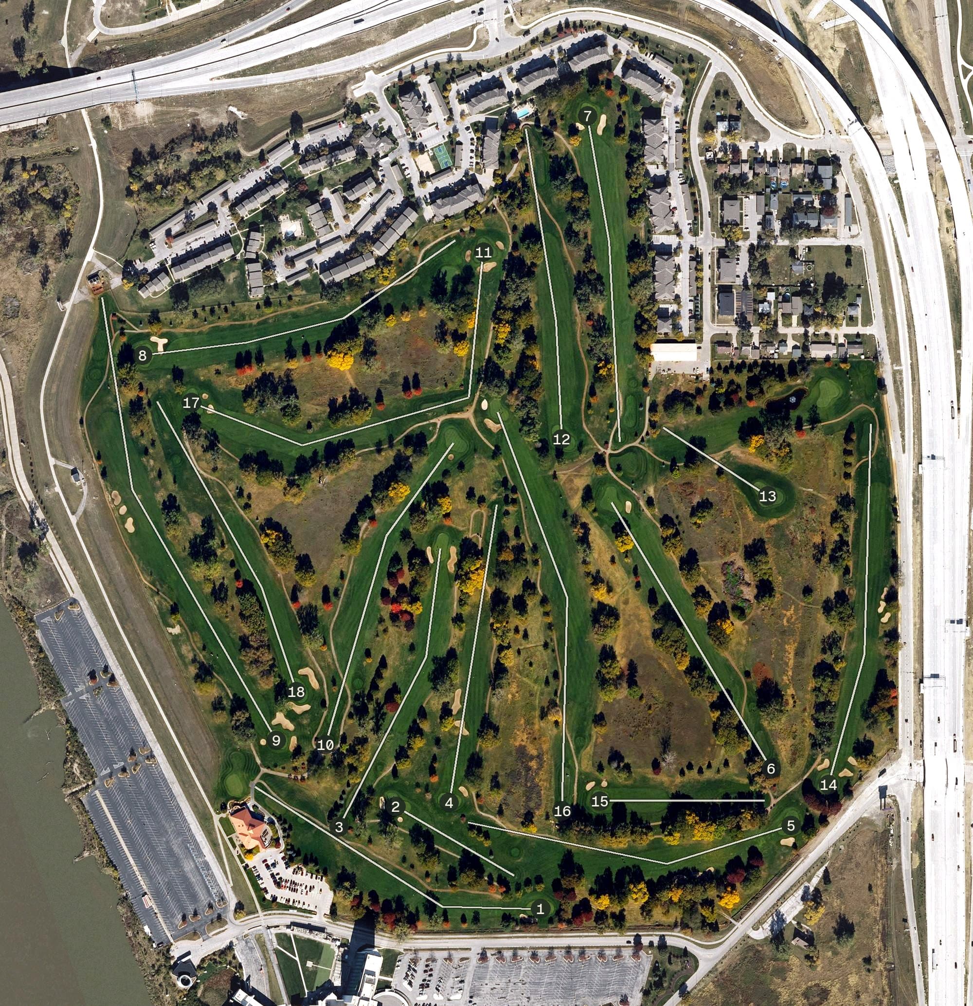 Aerial view of Dodge Riverside Golf Club, IA, with its hole routing marked