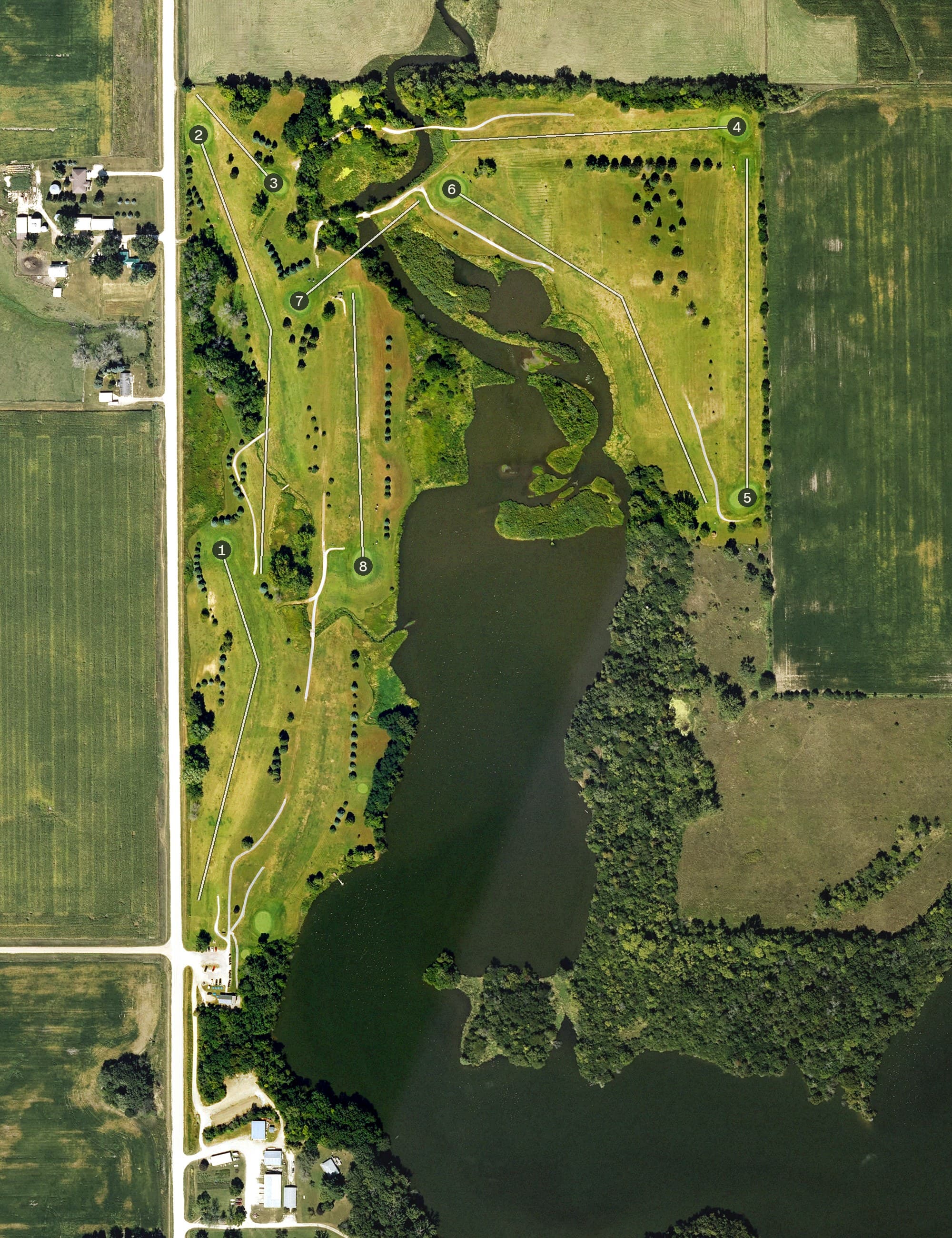 Aerial view of Don Williams Golf Course, IA, with its hole routing marked