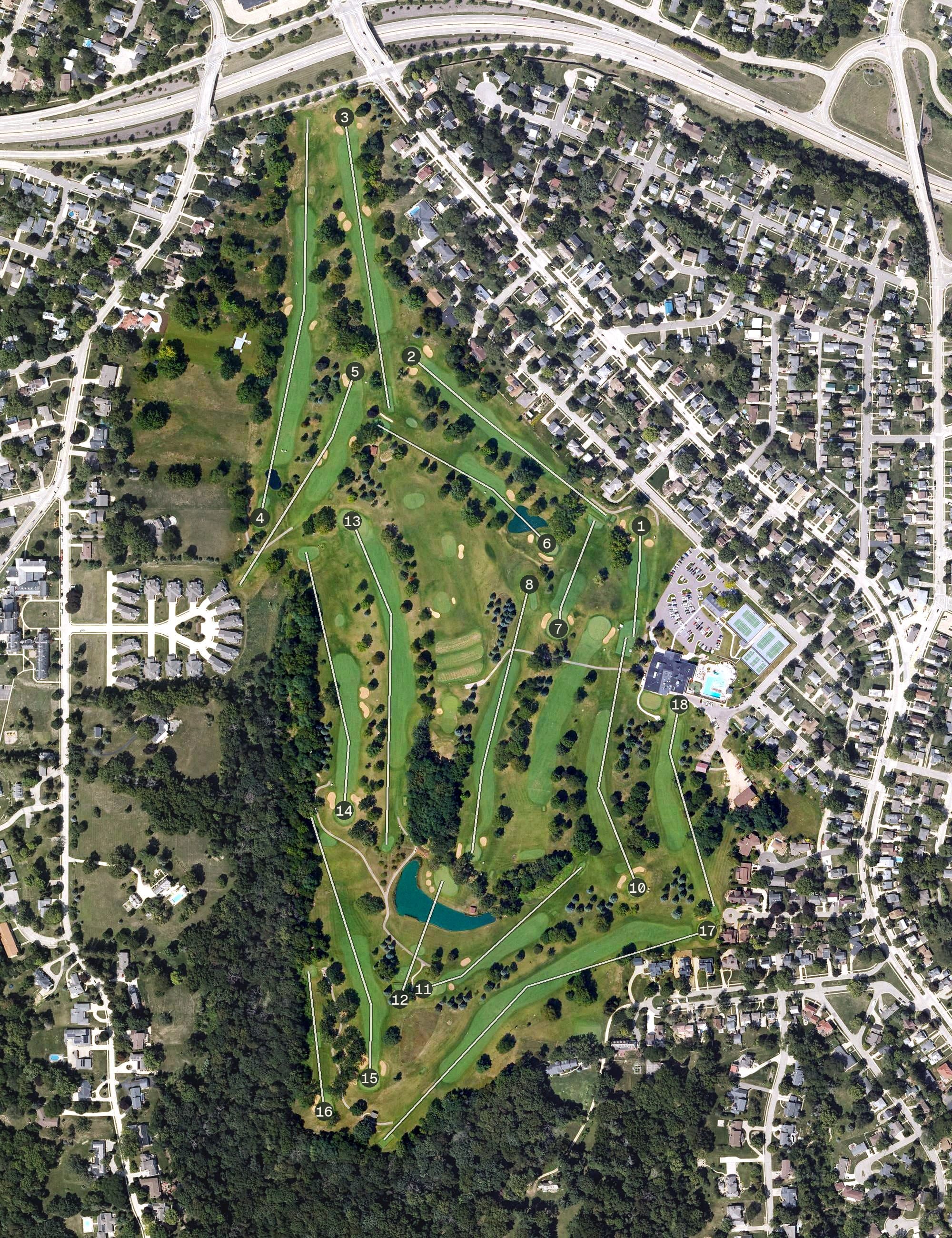 Aerial view of Dubuque Country Club, IA, with its hole routing marked