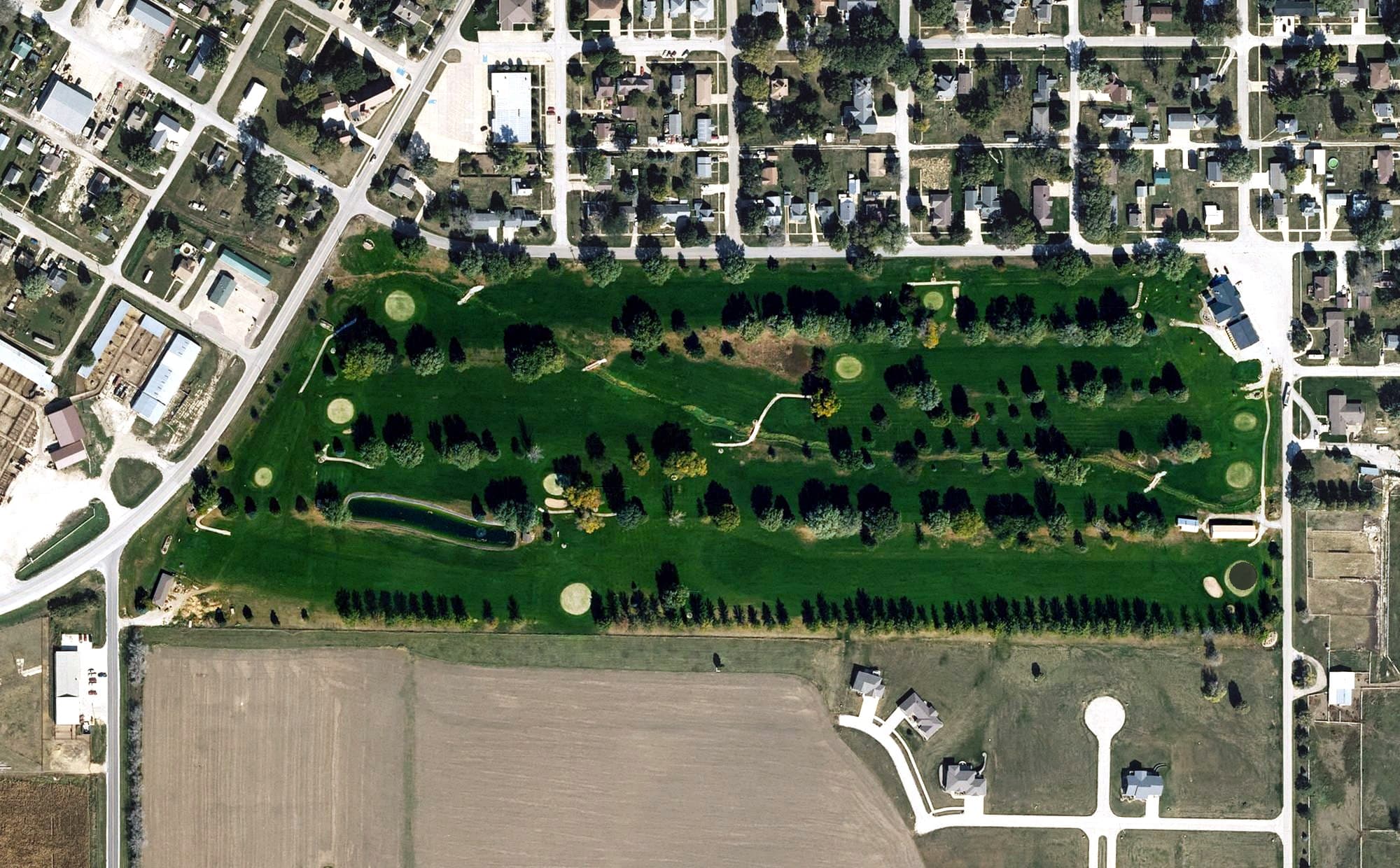 Aerial view of Dunlap Golf Club, IA, with its hole routing marked
