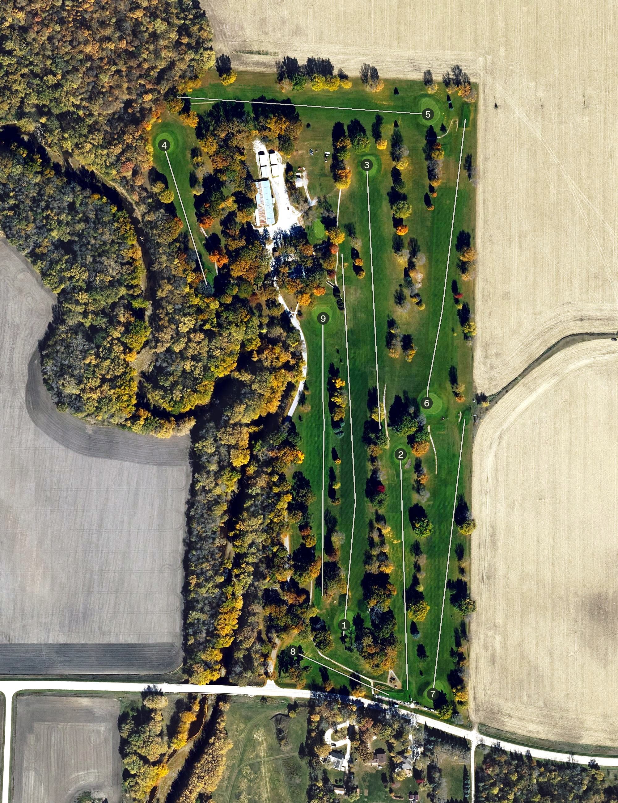 Aerial view of Eagle Grove Country Club, IA, with its hole routing marked