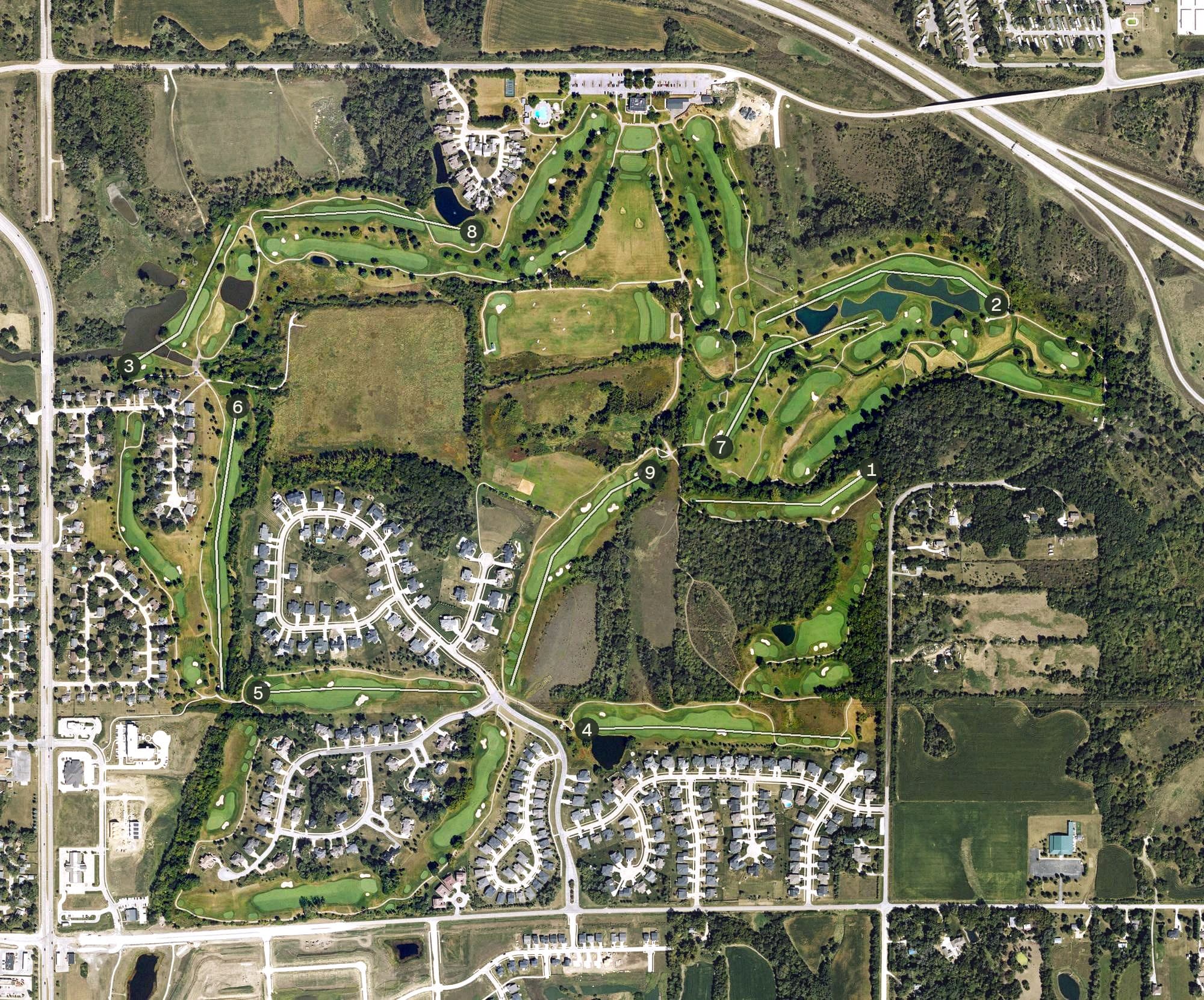 Aerial view of Echo Valley Country Club, IA, with its hole routing marked