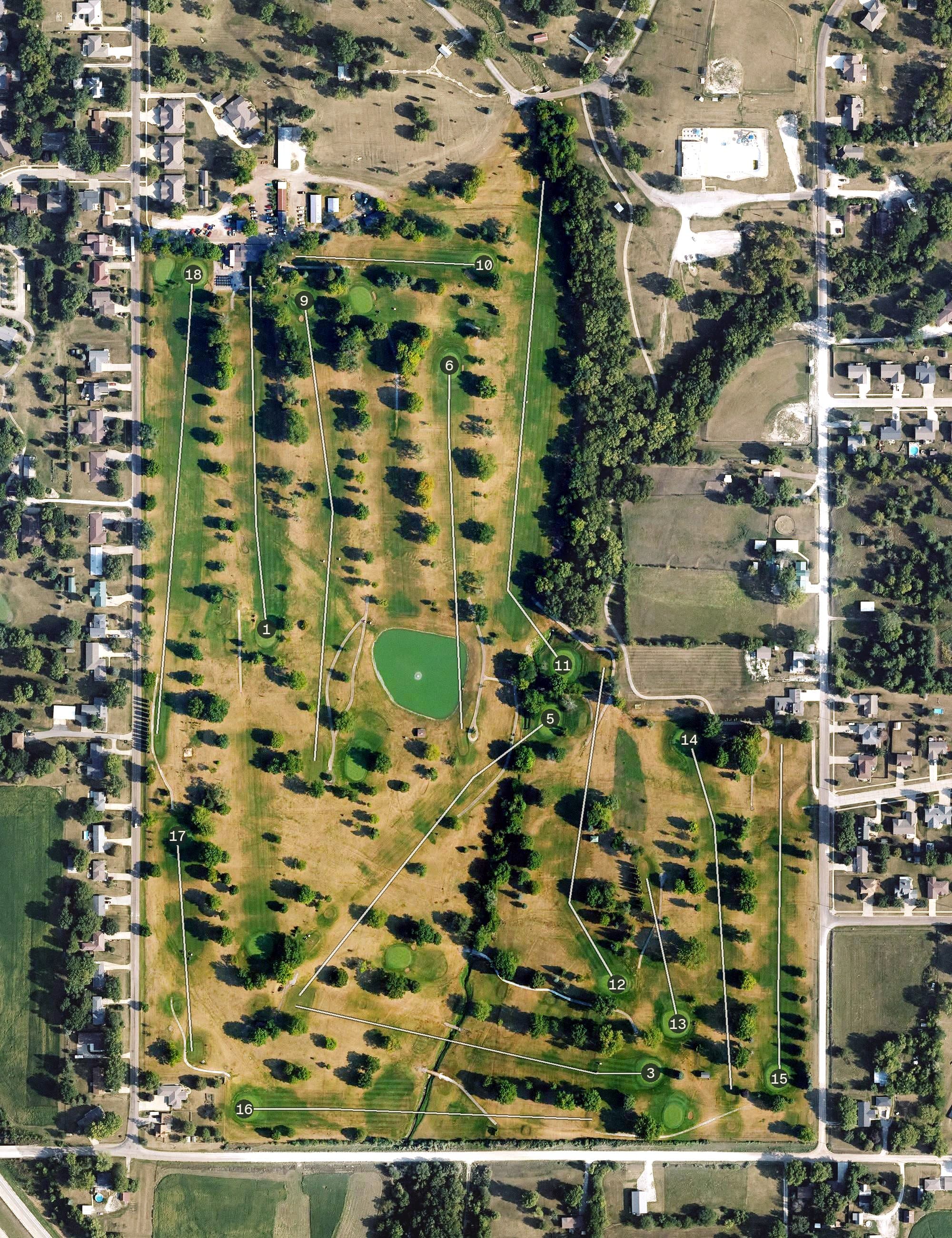 Aerial view of Edmundson Golf Course, IA, with its hole routing marked