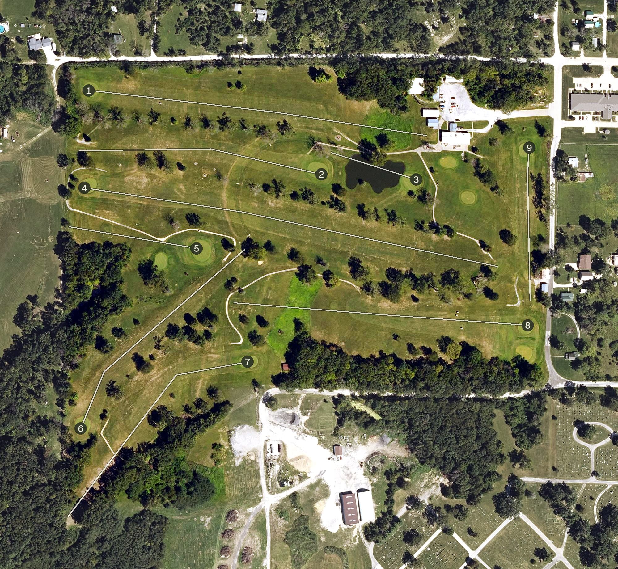 Aerial view of Elks Fairview Golf Club, IA, with its hole routing marked