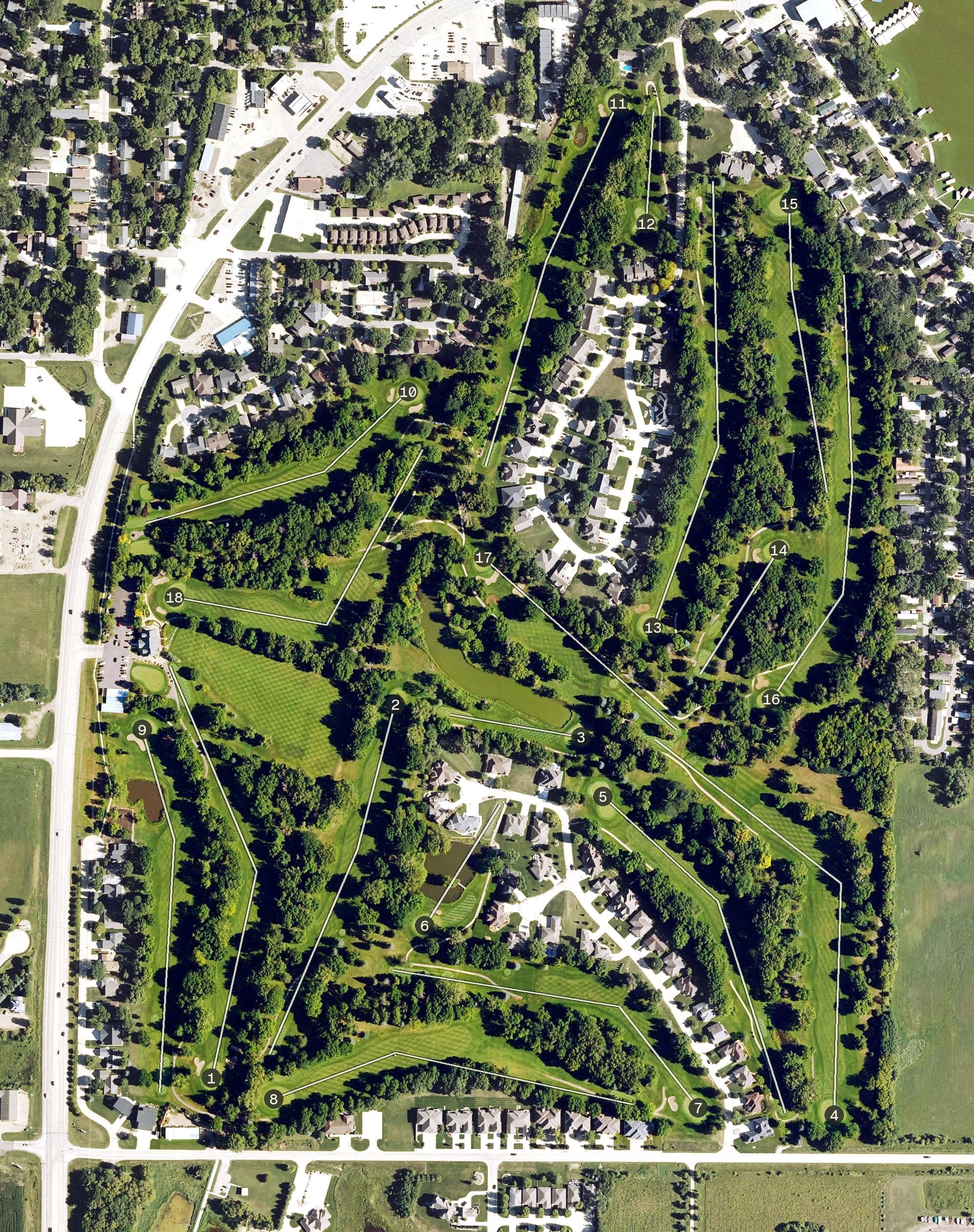 Aerial view of Emerald Hills Golf Club, IA, with its hole routing marked