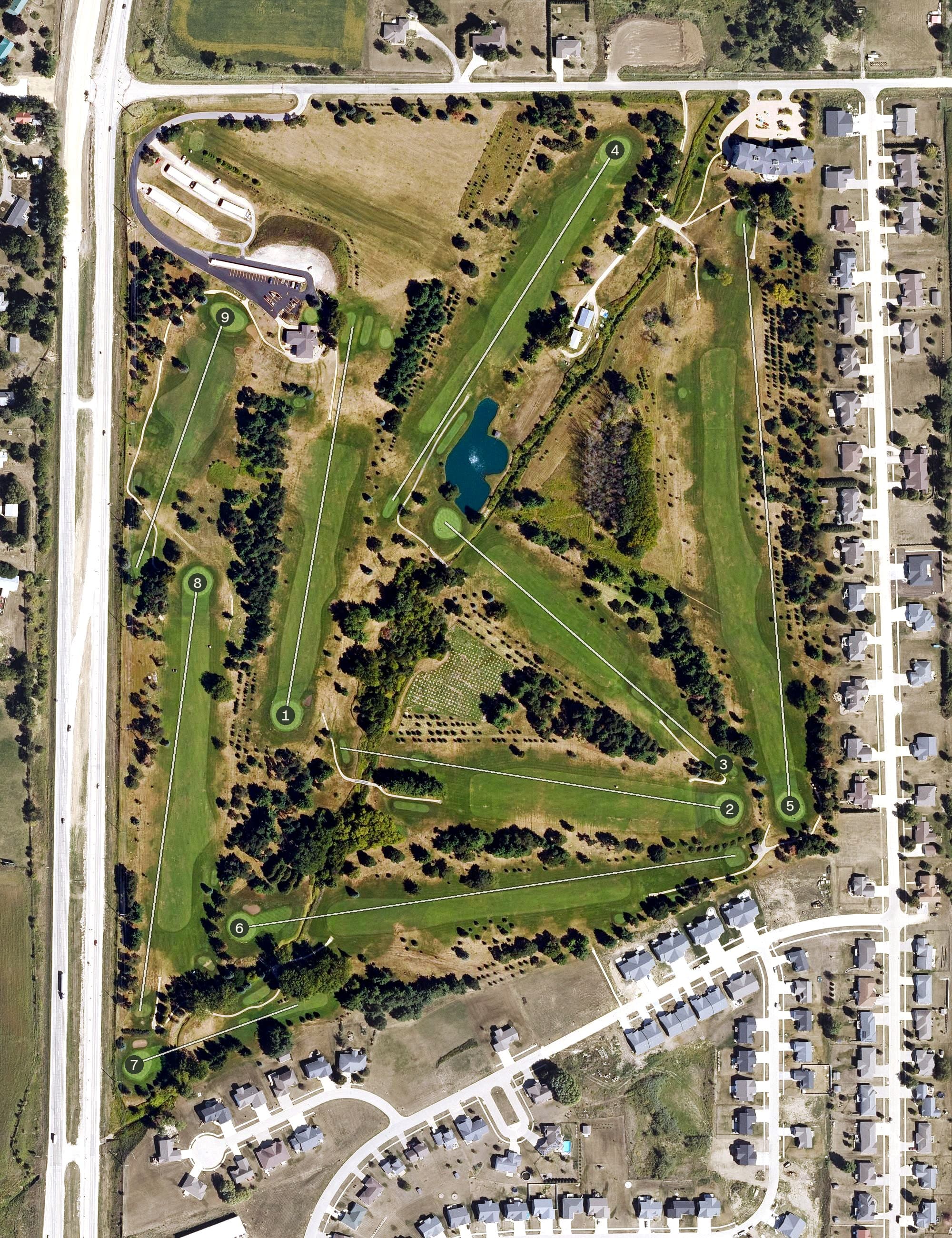 Aerial view of Fawn Creek Golf Course, IA, with its hole routing marked