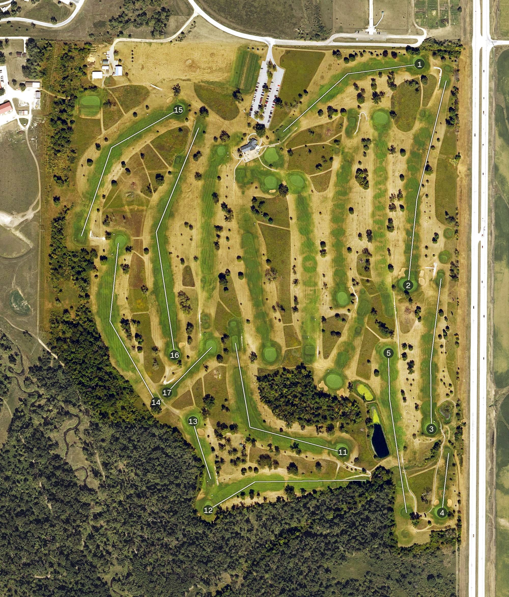 Aerial view of Gardner Golf Course, IA, with its hole routing marked