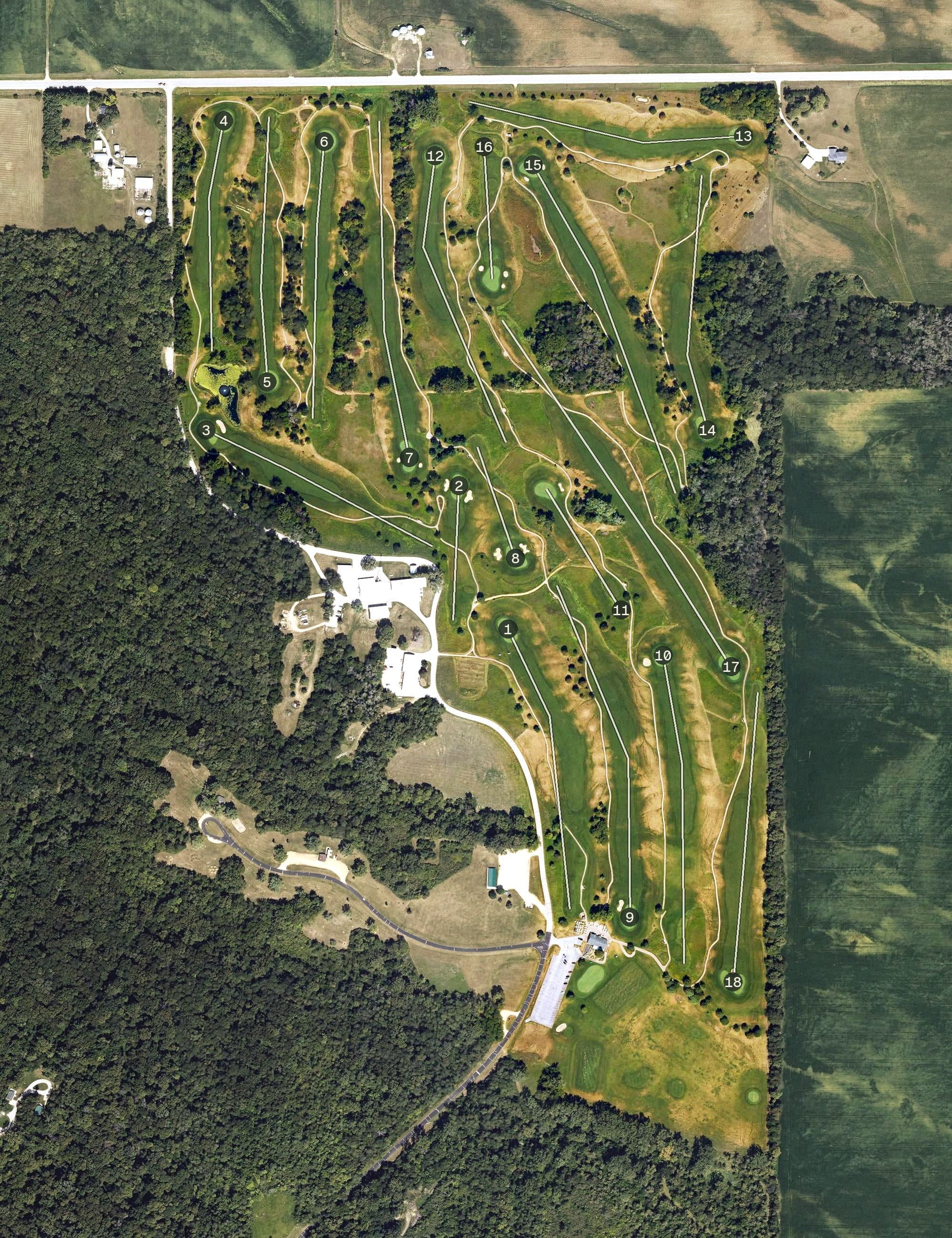 Aerial view of Glynns Creek Golf Course, IA, with its hole routing marked