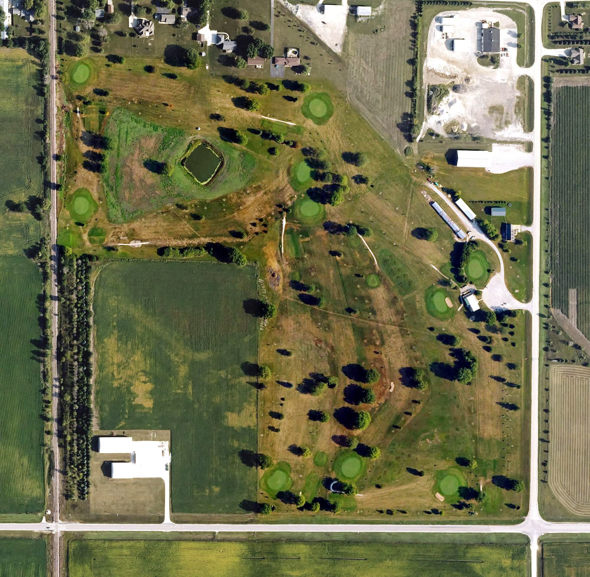 Aerial view of Gowrie Municipal Golf Course, IA, with its hole routing marked