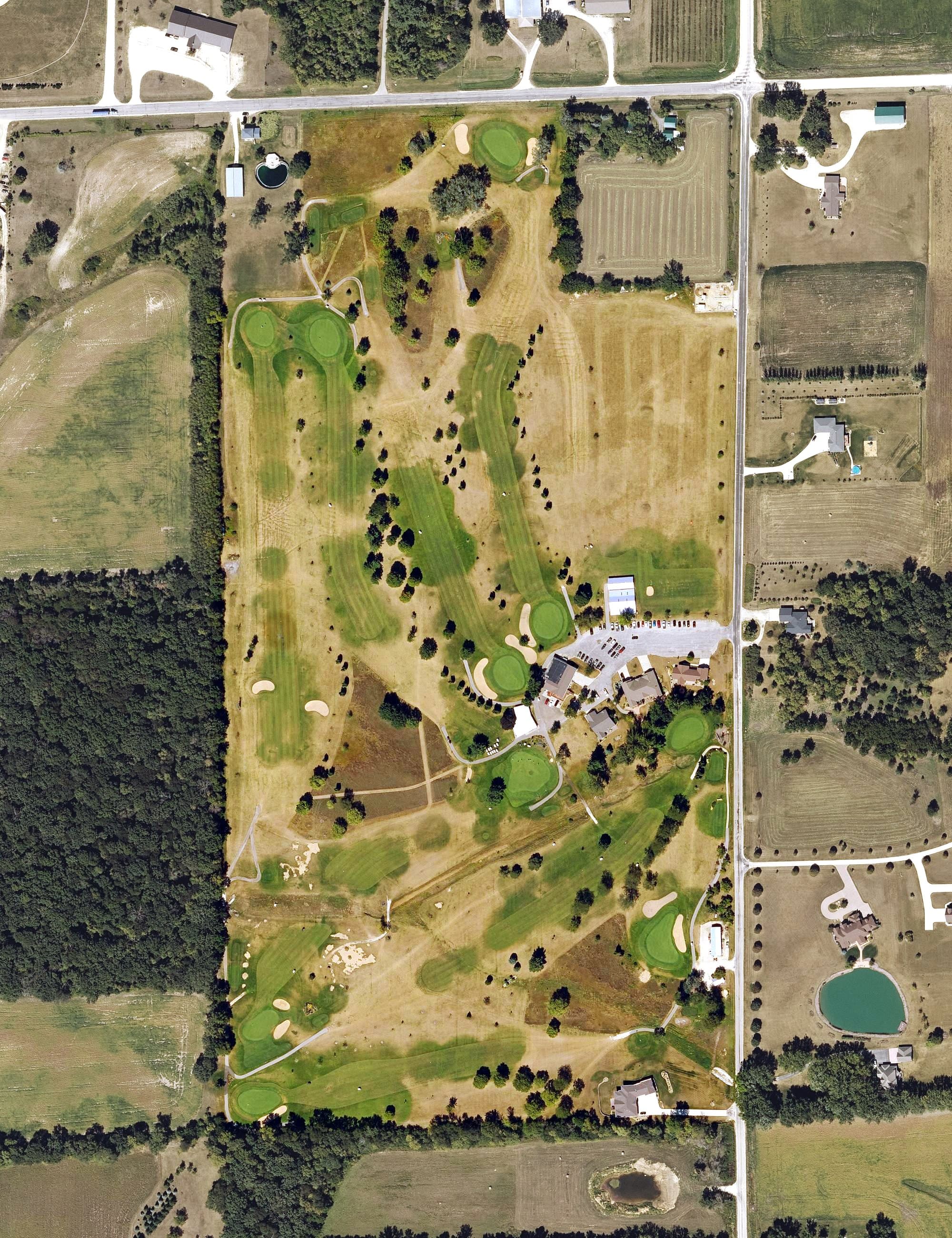 Aerial view of Hickory Grove Golf Course, IA, with its hole routing marked