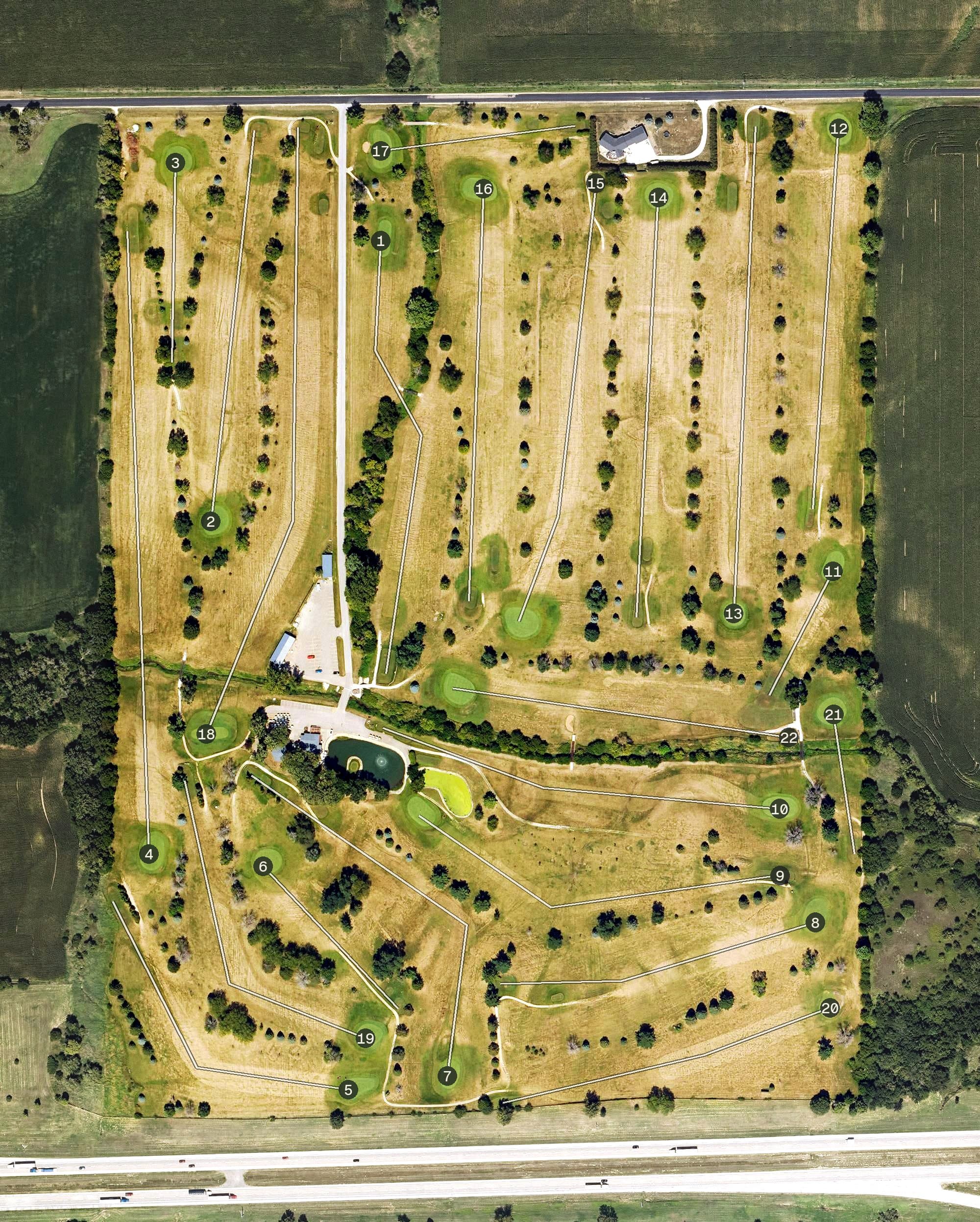 Aerial view of Hidden Hills Golf Course, IA, with its hole routing marked