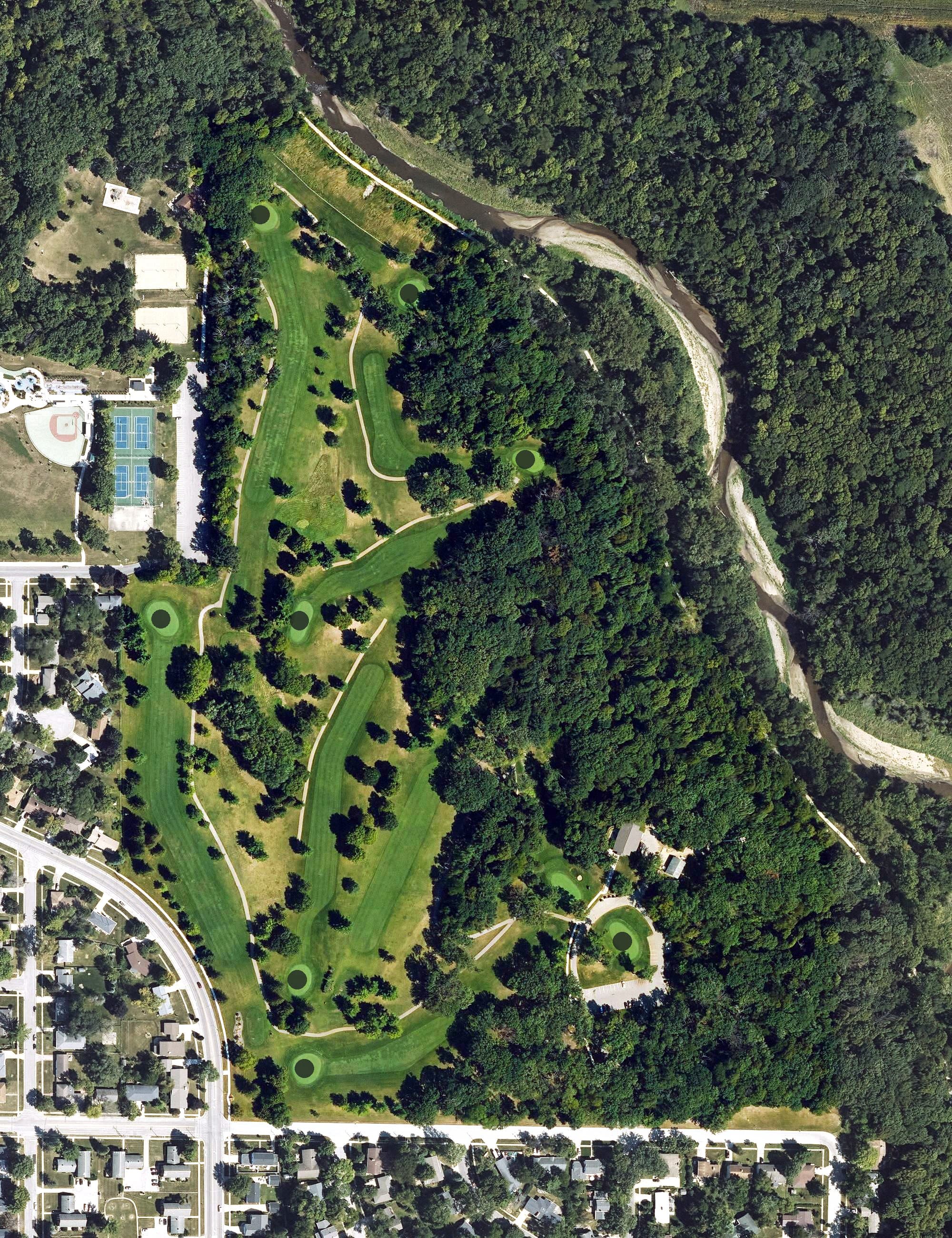 Aerial view of Homewood Golf Course, IA, with its hole routing marked