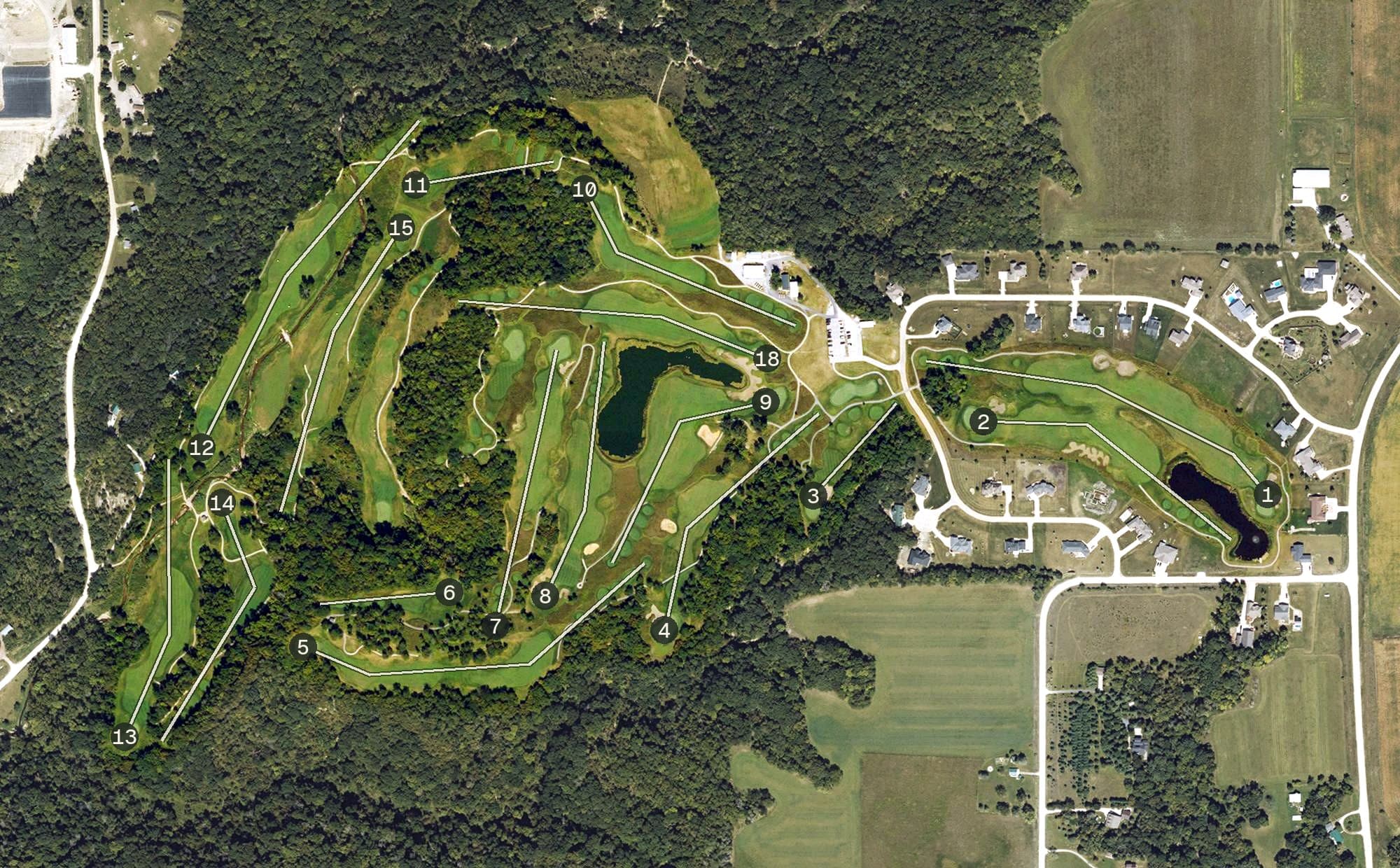 Aerial view of Honey Creek Golf Club, IA, with its hole routing marked