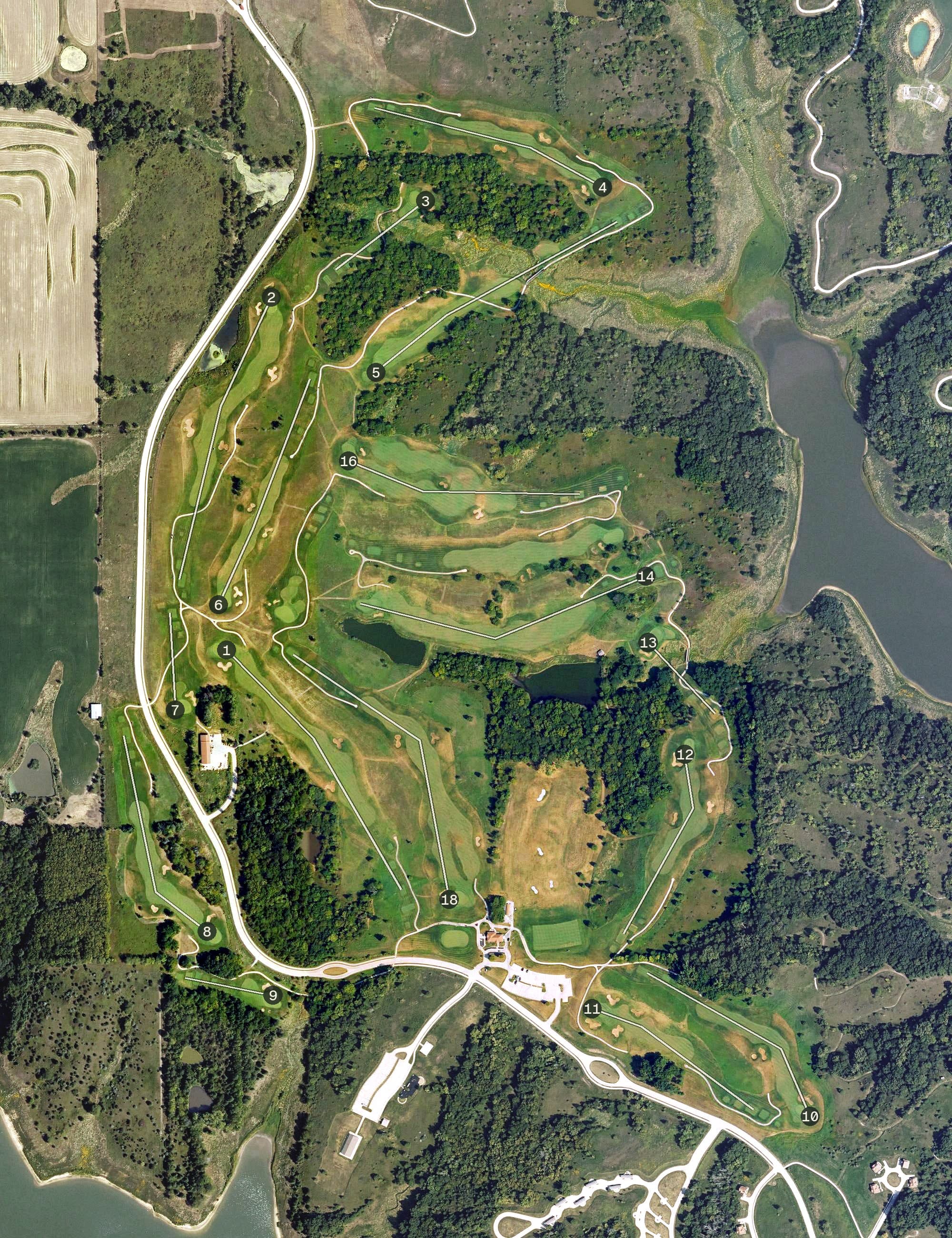 Aerial view of Honey Creek Golf Course, IA, with its hole routing marked