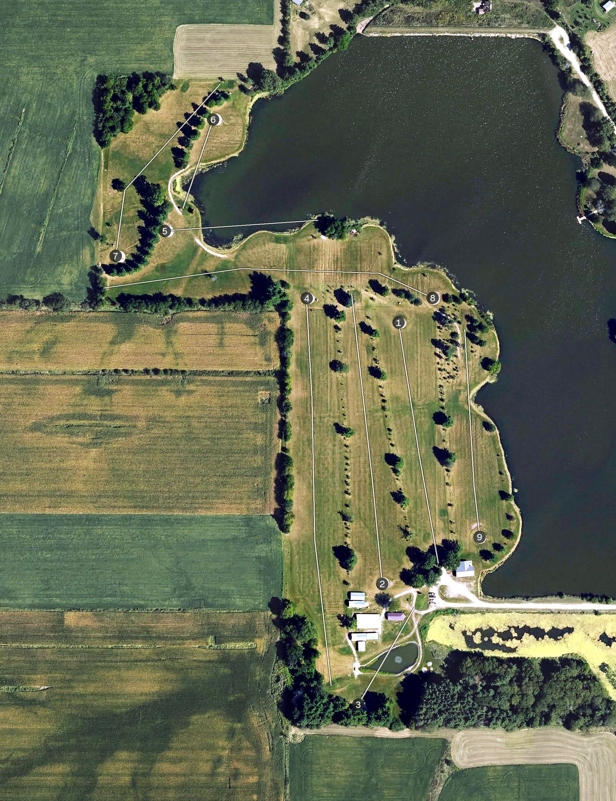 Aerial view of Humeston Lakeside Golf Course, IA, with its hole routing marked