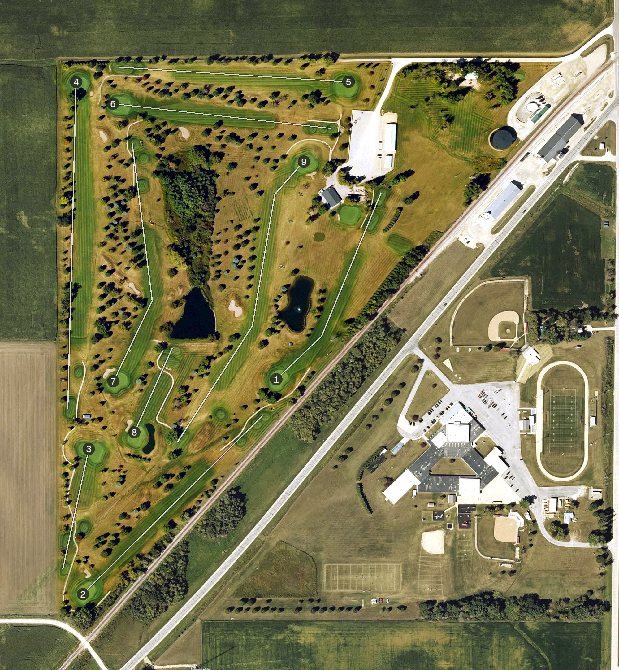Aerial view of Jackson Heights Golf Club, IA, with its hole routing marked