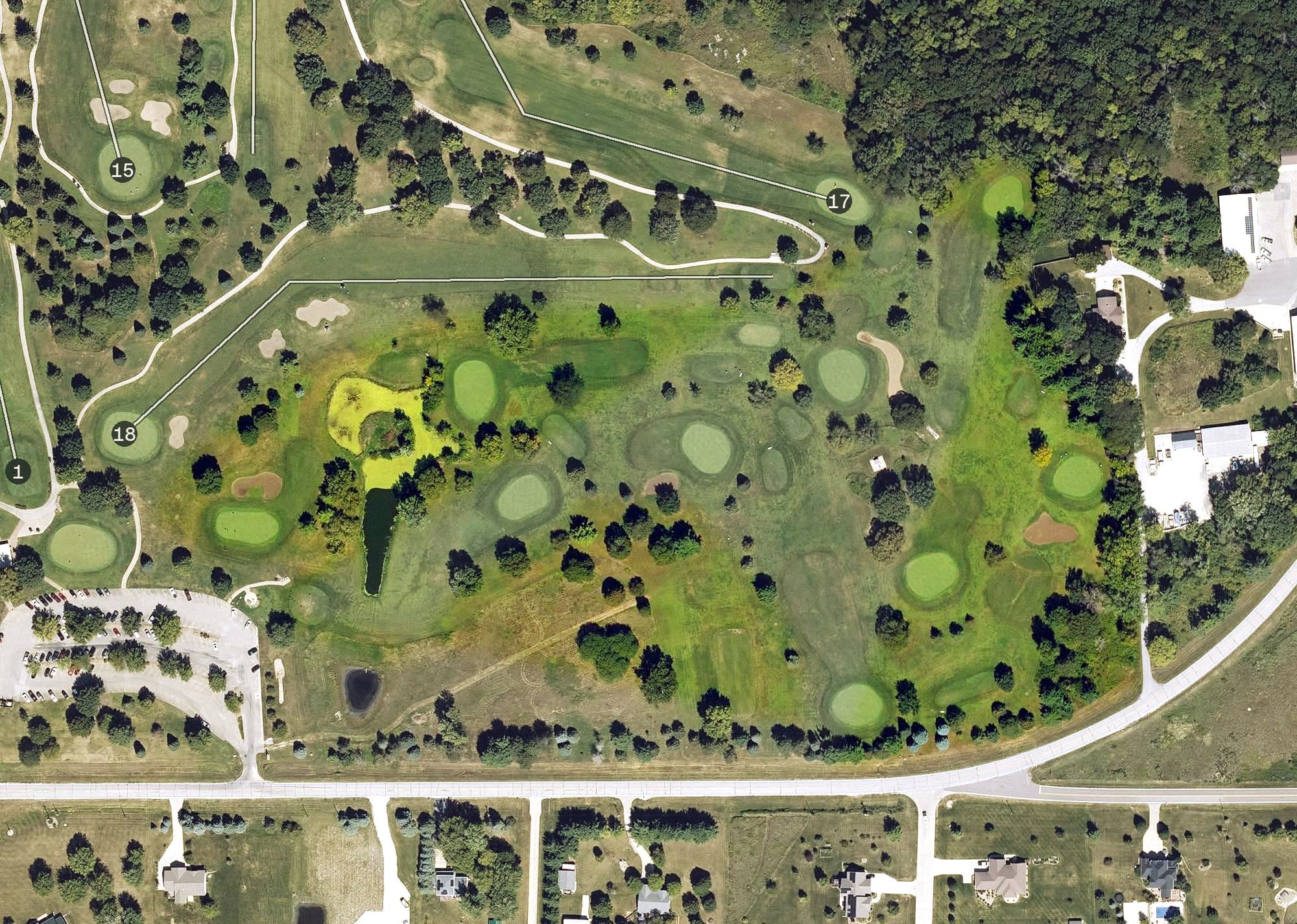 Aerial view of Jester Park Executive Golf Course, IA, with its hole routing marked