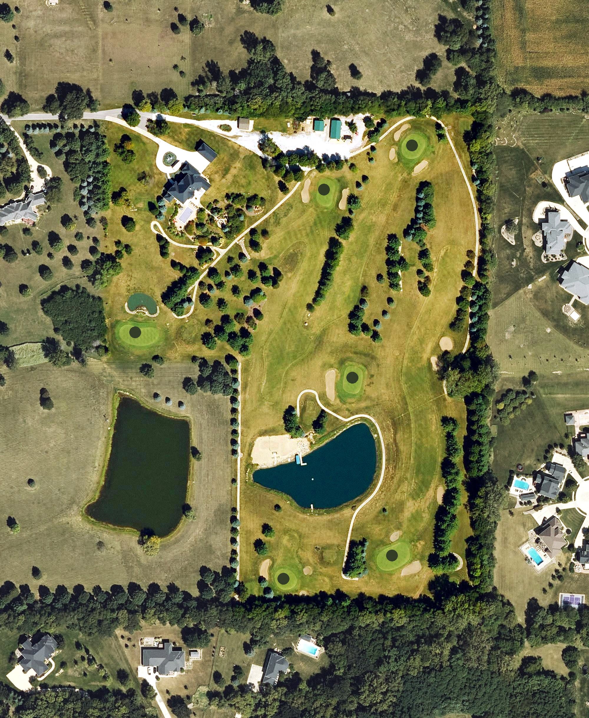 Aerial view of Johnson Ridge Golf Course, IA, with its hole routing marked