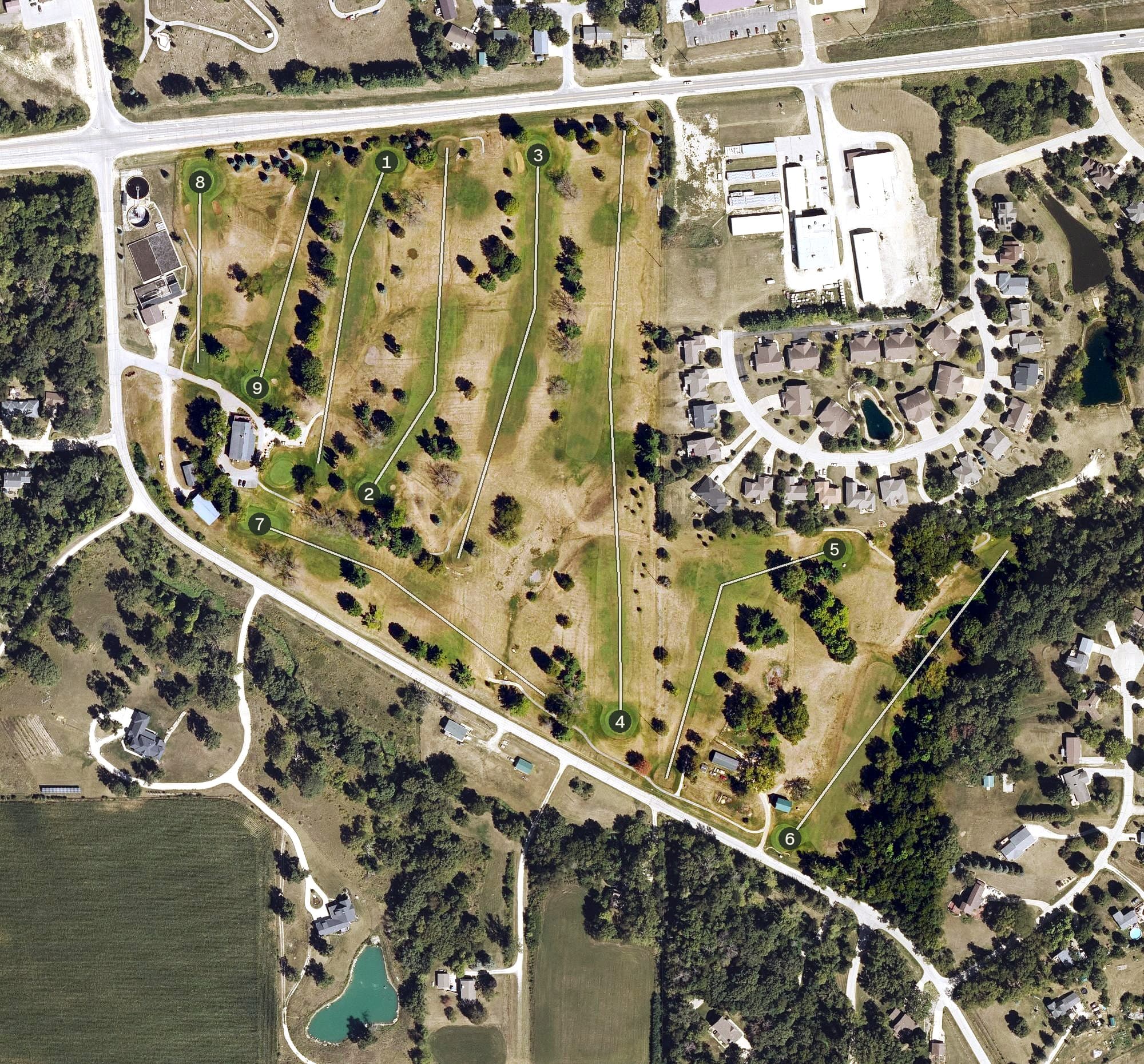 Aerial view of Kernoustie Golf Club, IA, with its hole routing marked