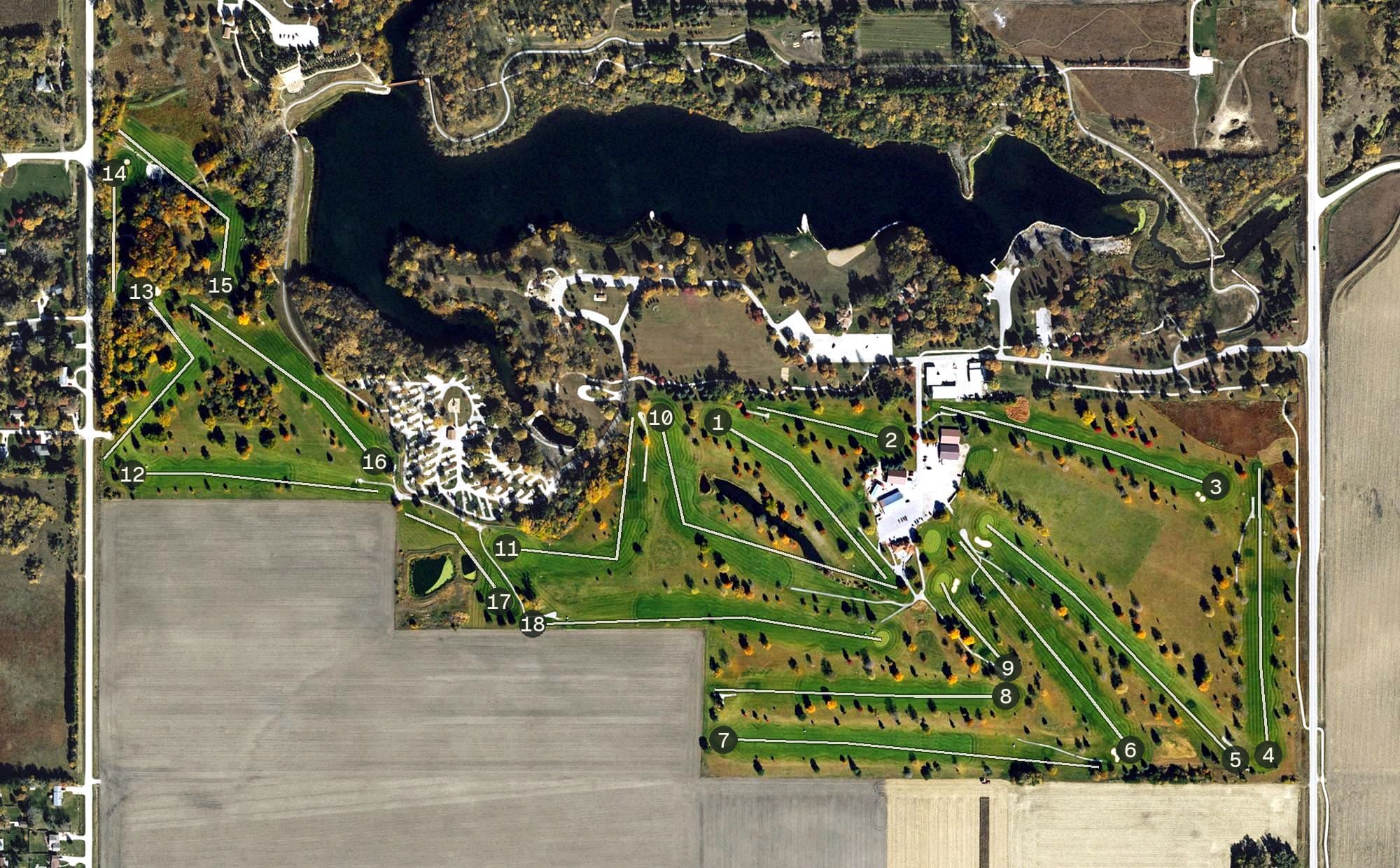 Aerial view of Lakeside Municipal Golf Course, IA, with its hole routing marked