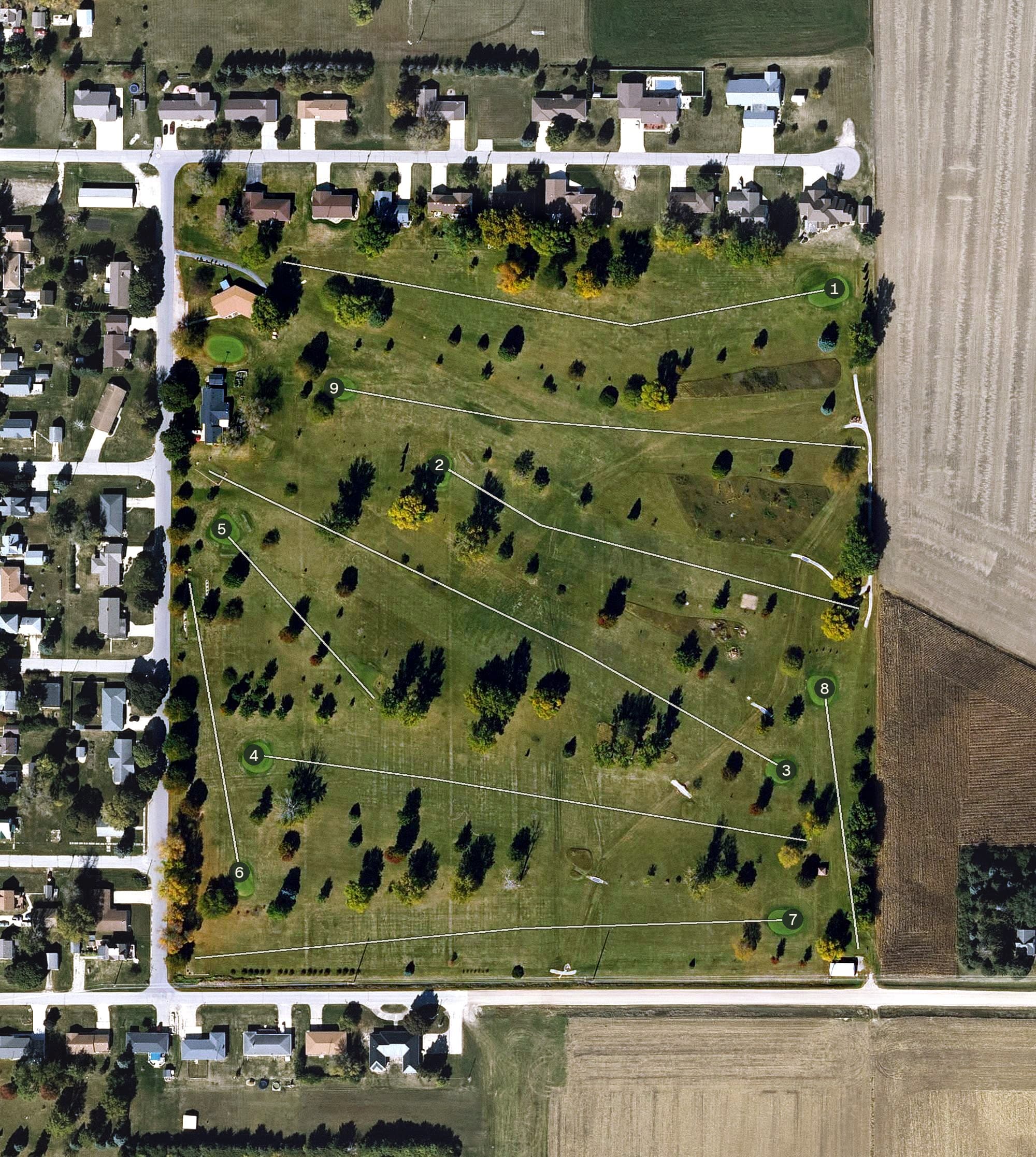 Aerial view of Latimer Golf Club, IA, with its hole routing marked