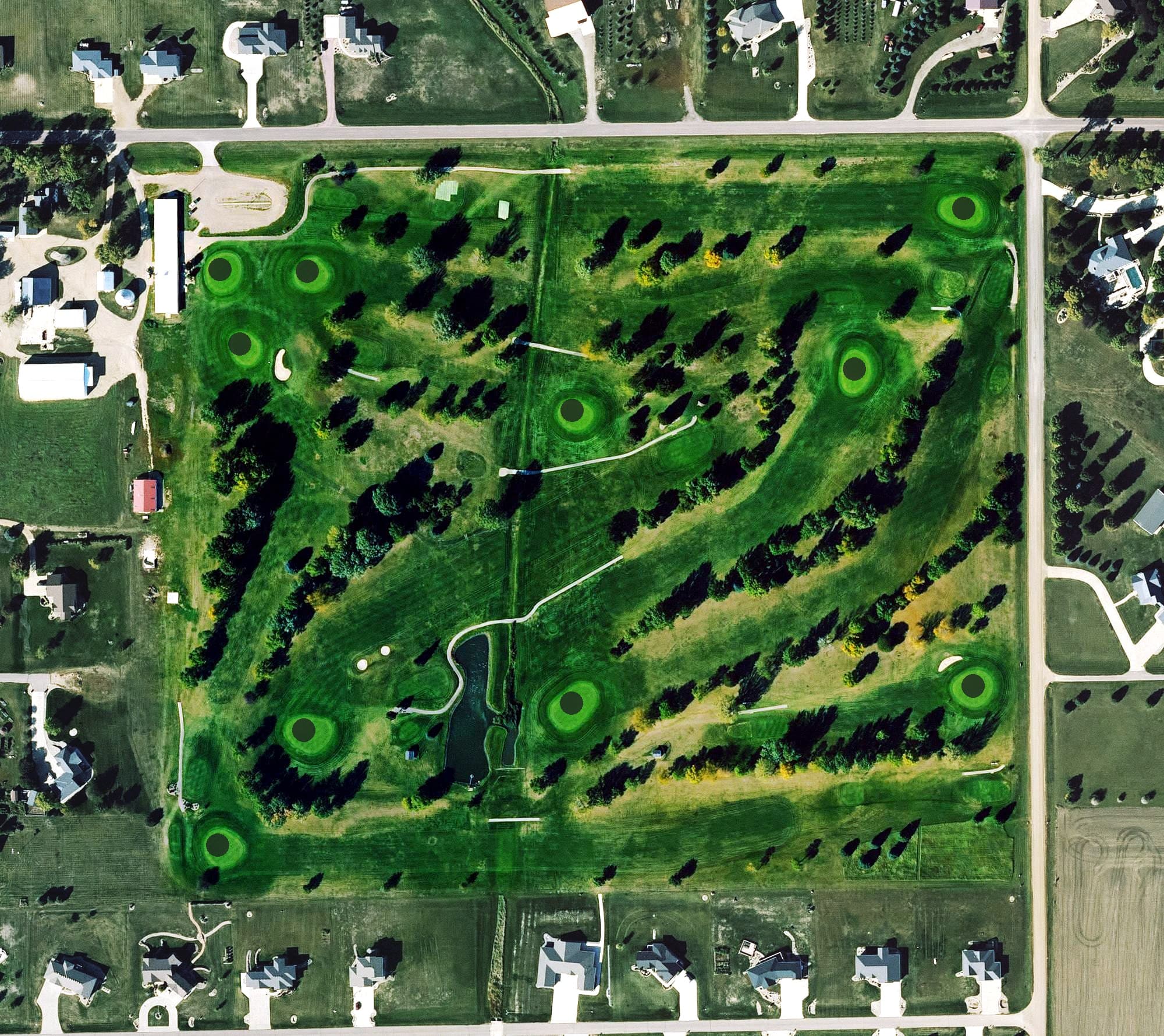 Aerial view of Meadow Acres Golf Course, IA, with its hole routing marked