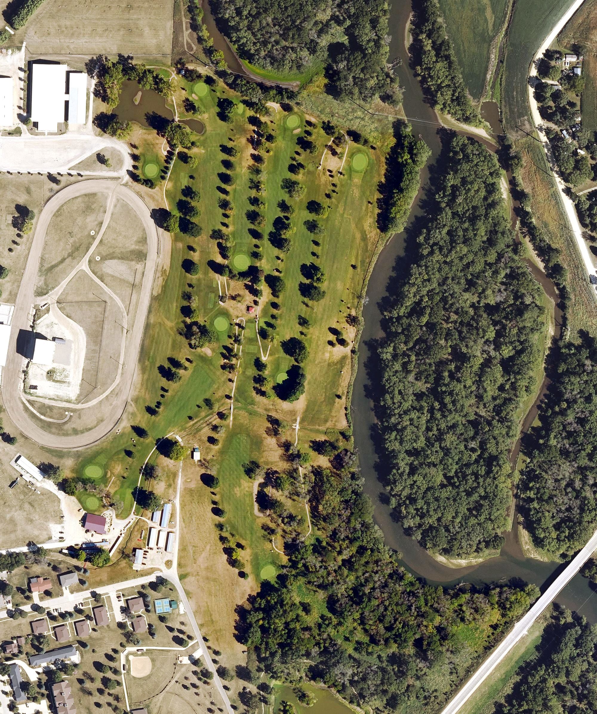 Aerial view of Monticello Golf Club, IA, with its hole routing marked