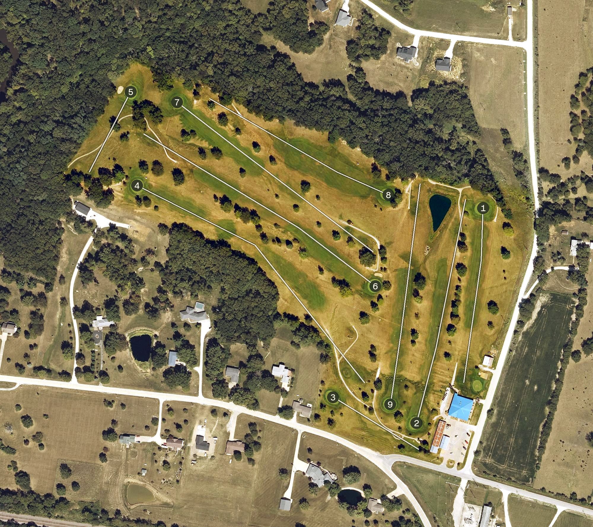 Aerial view of Mount Pleasant Golf & Country Club, IA, with its hole routing marked