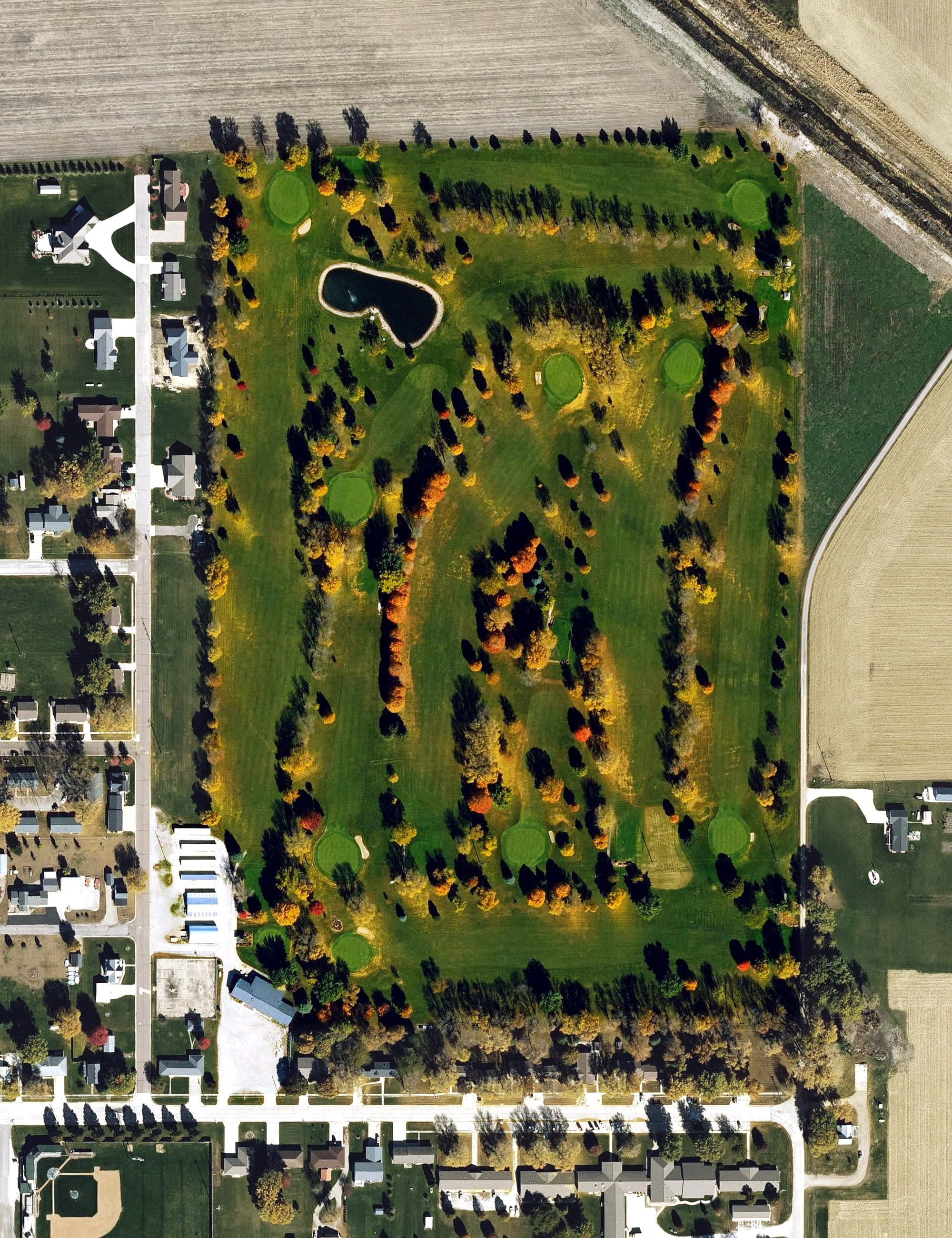 Aerial view of North Kossuth Golf Club, IA, with its hole routing marked