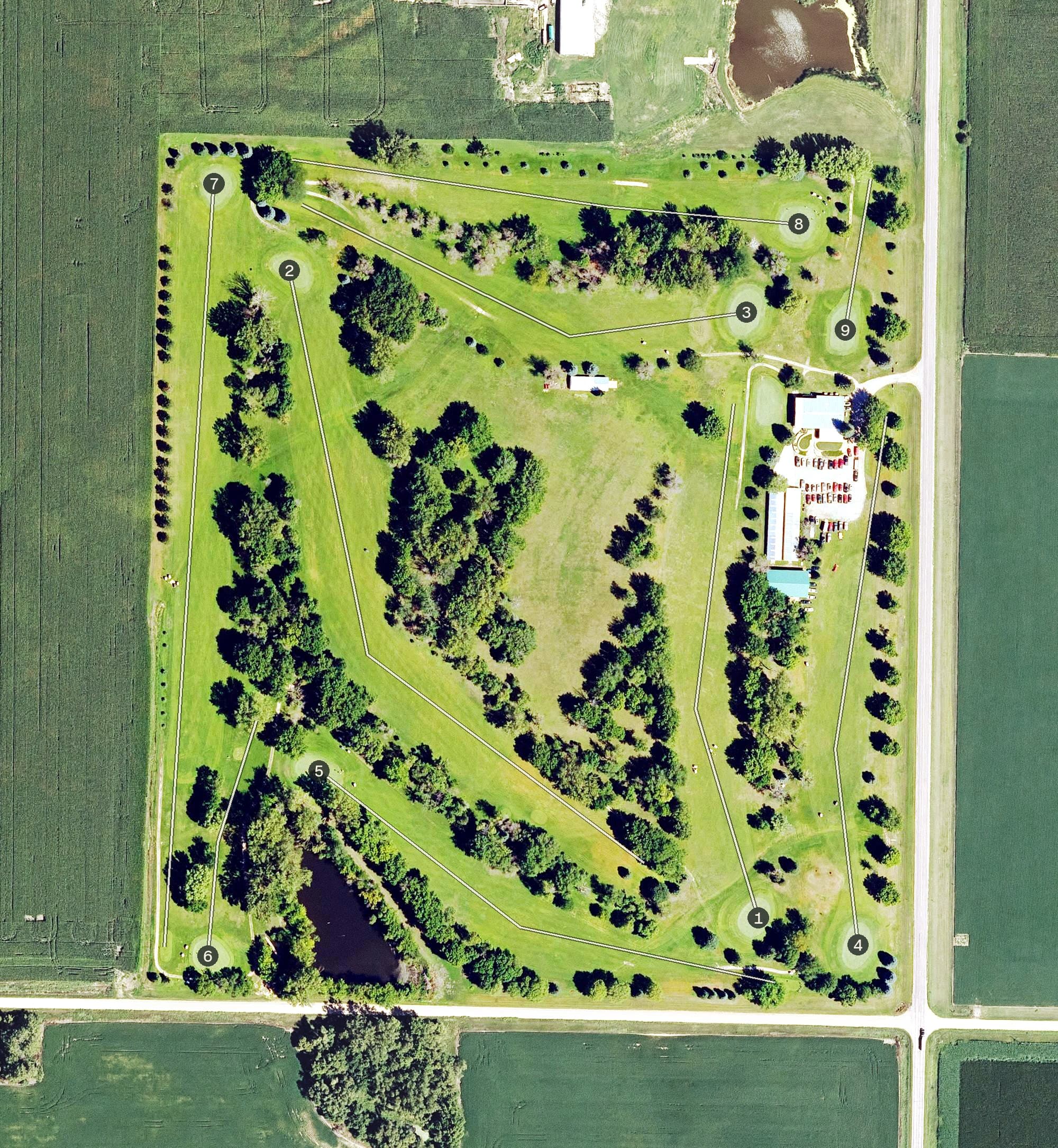 Aerial view of Otter Valley Country Club, IA, with its hole routing marked