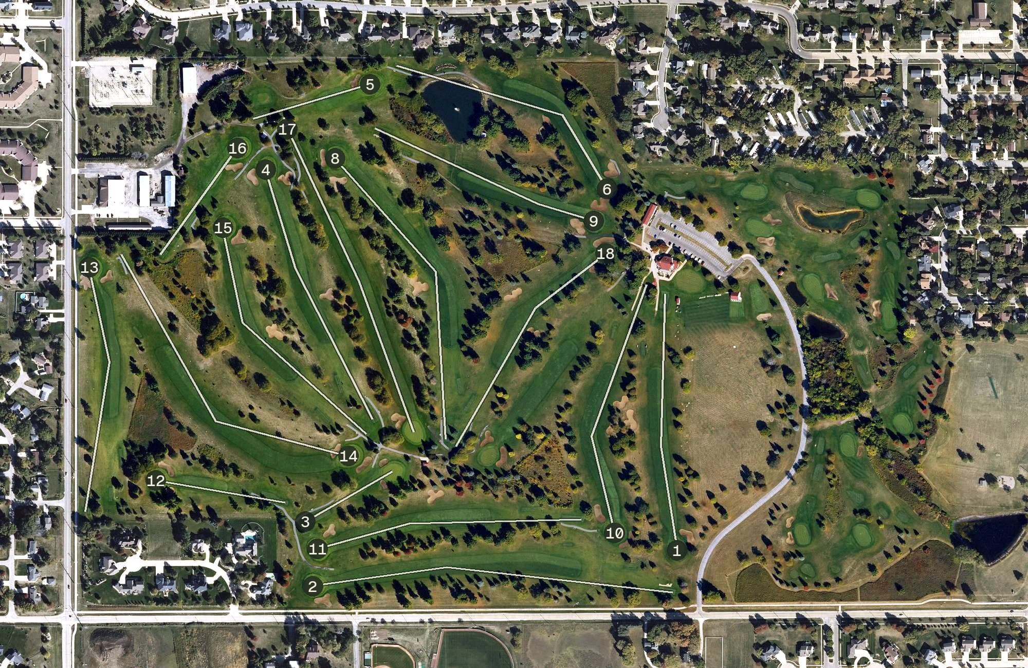 Aerial view of Pheasant Ridge Golf Course, IA, with its hole routing marked
