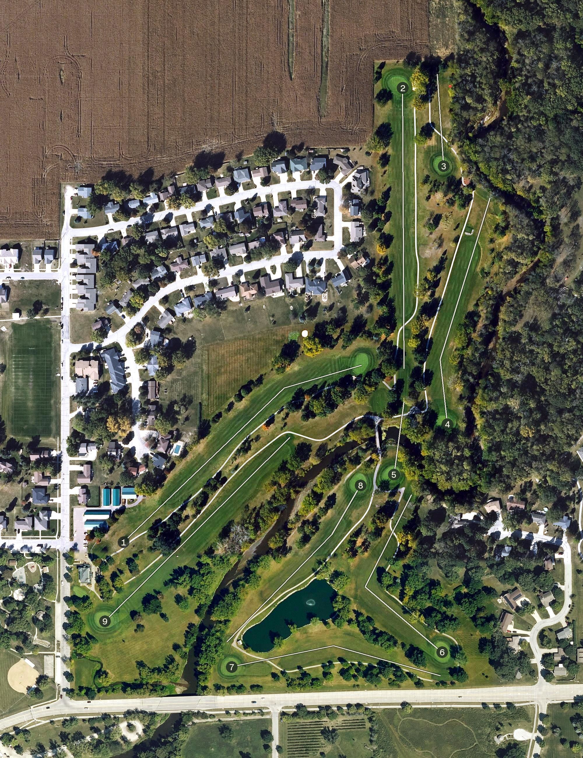 Aerial view of River Bend Municipal Golf Course, IA, with its hole routing marked