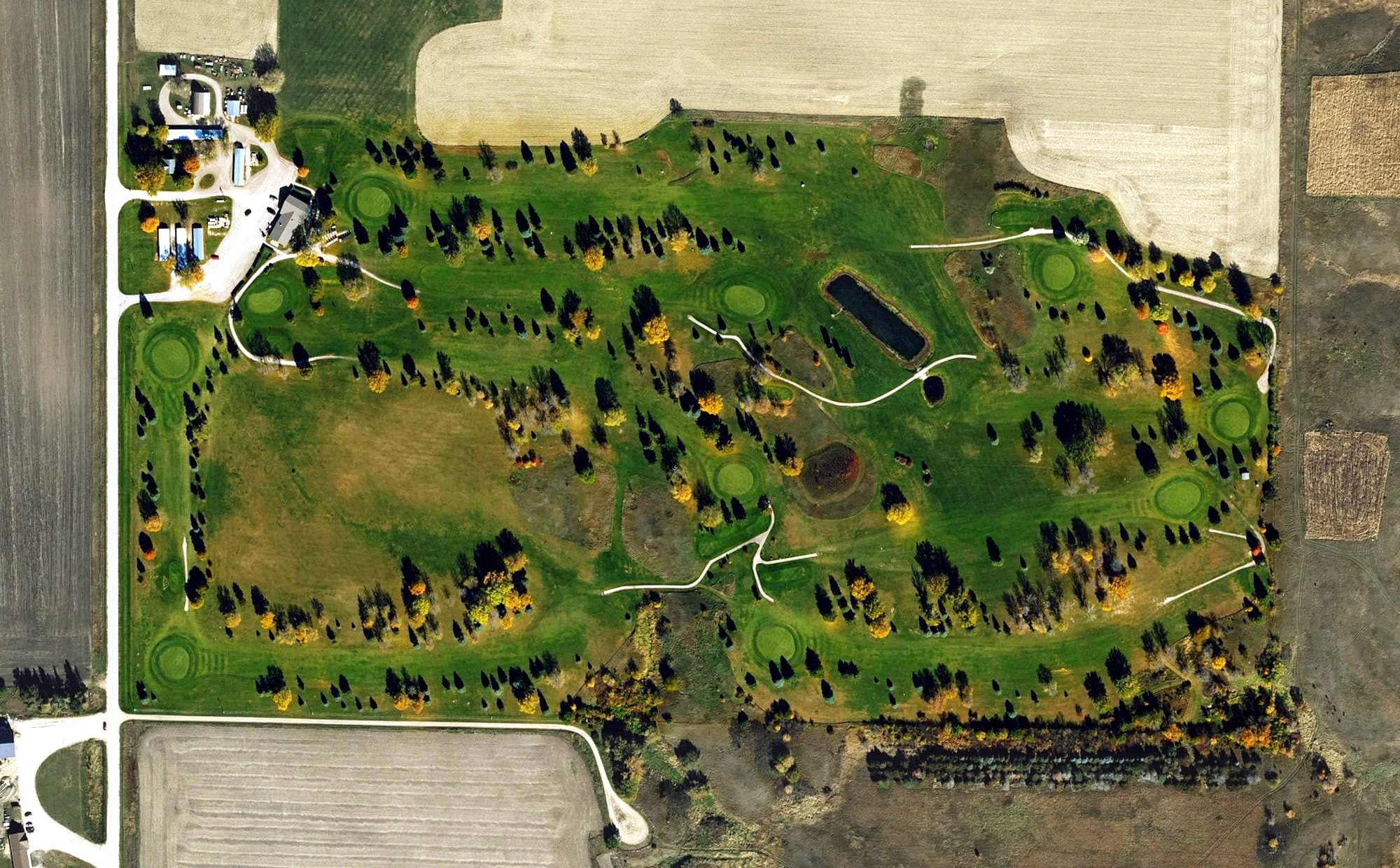 Aerial view of River Road Golf Club, IA, with its hole routing marked