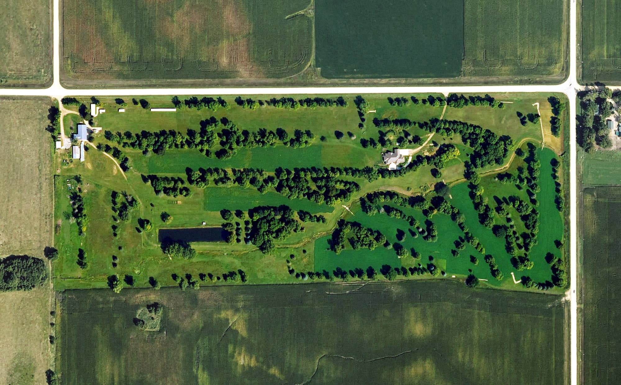 Aerial view of River View Golf Course, IA, with its hole routing marked