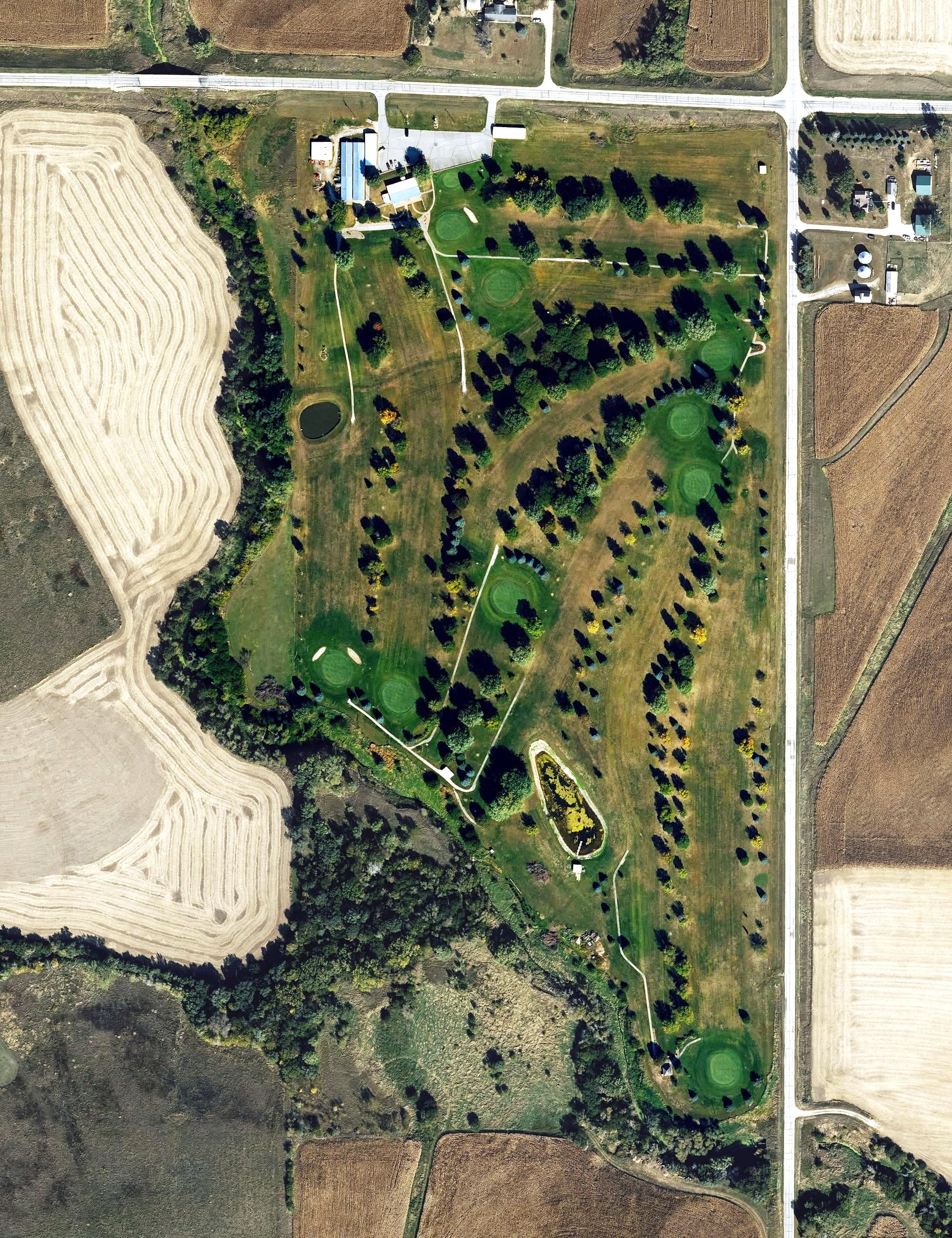 Aerial view of Rosman-Glendale Farm Golf Course, IA, with its hole routing marked