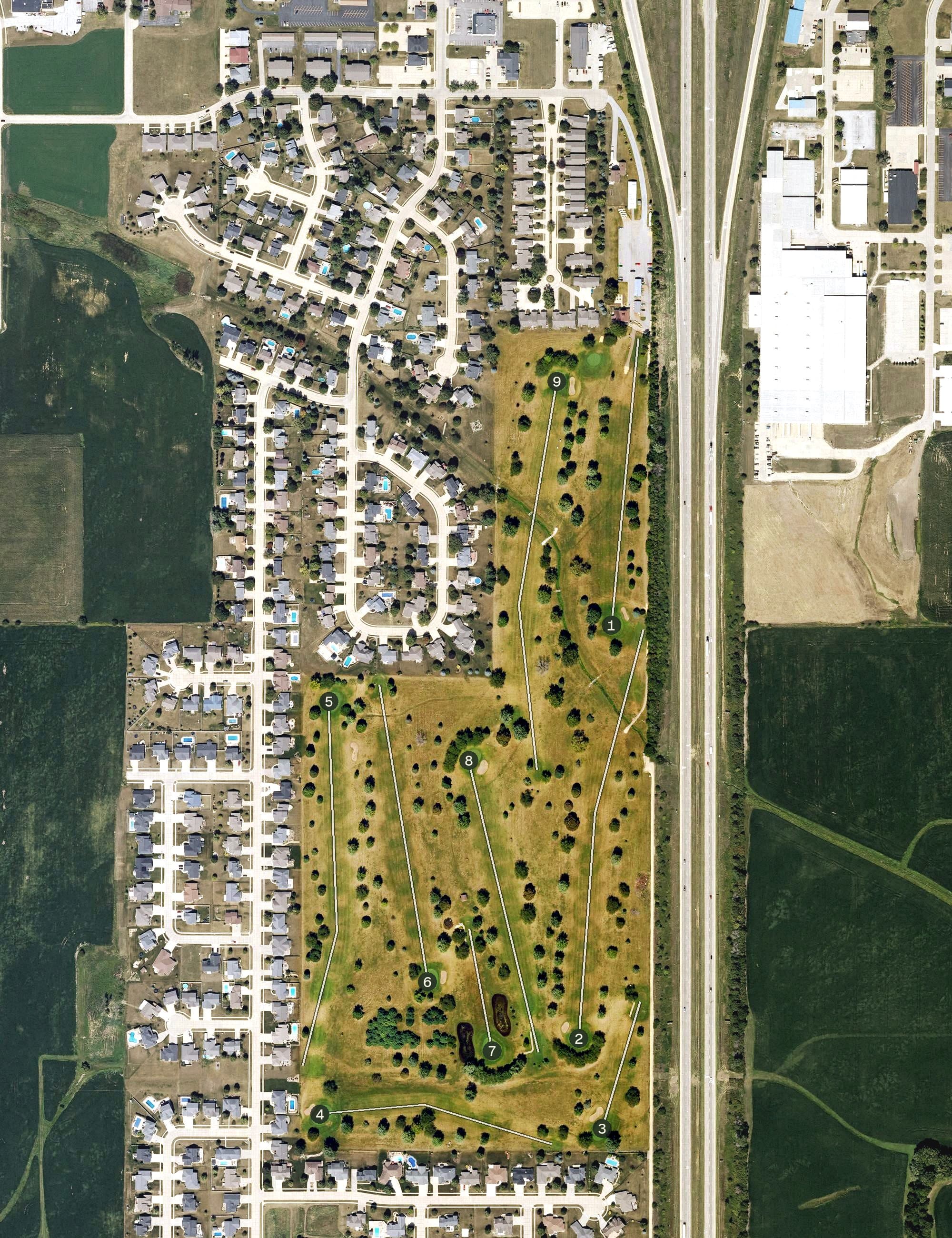 Aerial view of Rustic Ridge Golf Course, IA, with its hole routing marked