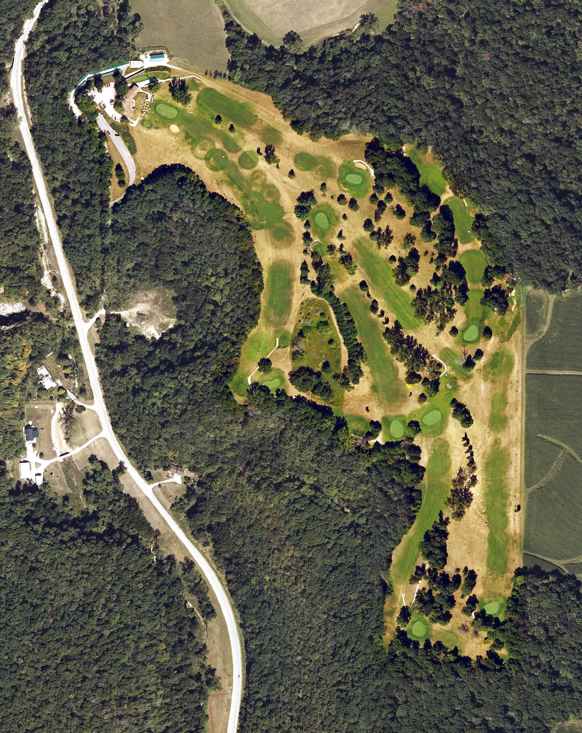 Aerial view of Silvercrest Golf Club, IA, with its hole routing marked