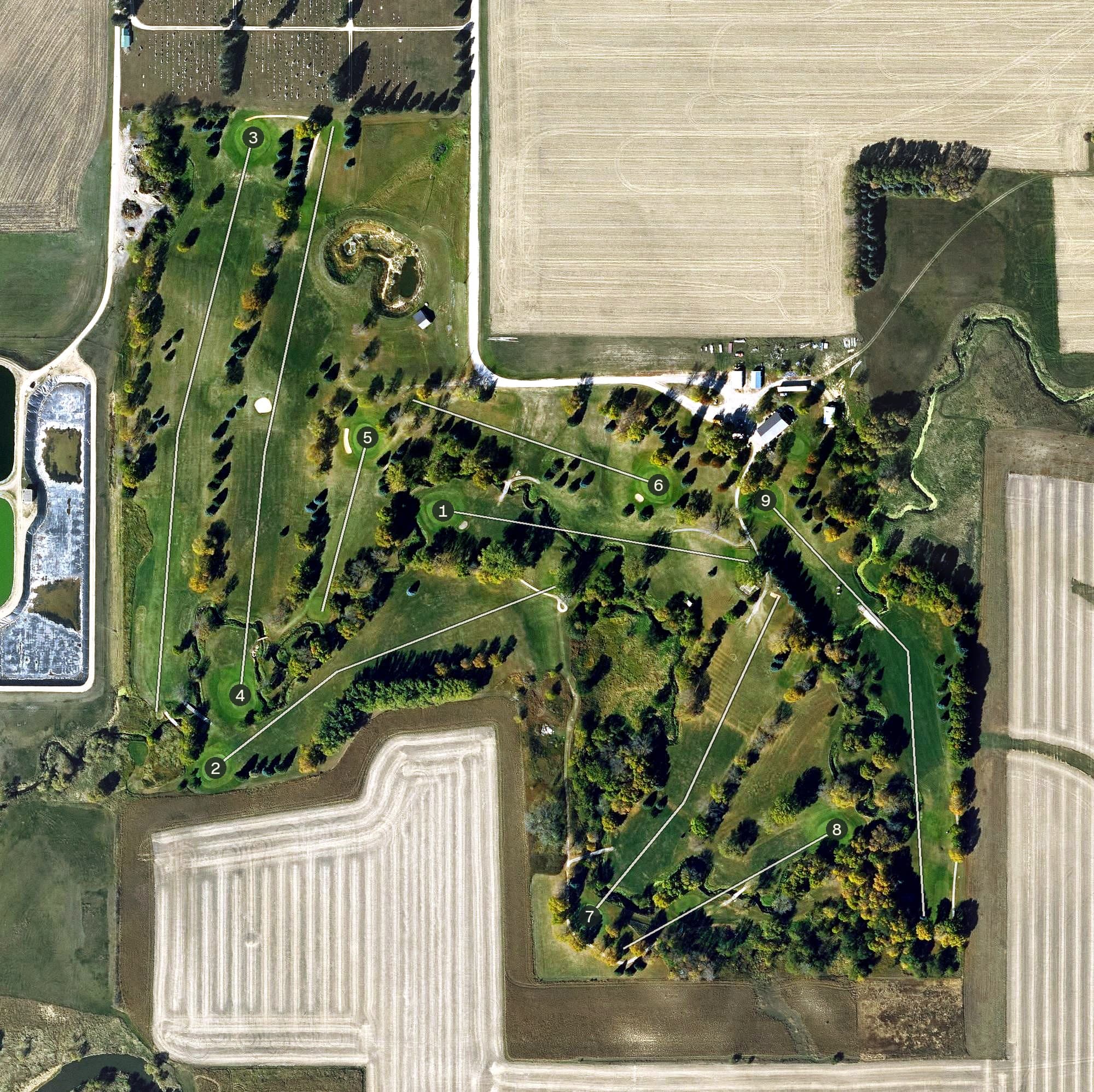 Aerial view of Slippery Elm Golf Course, IA, with its hole routing marked