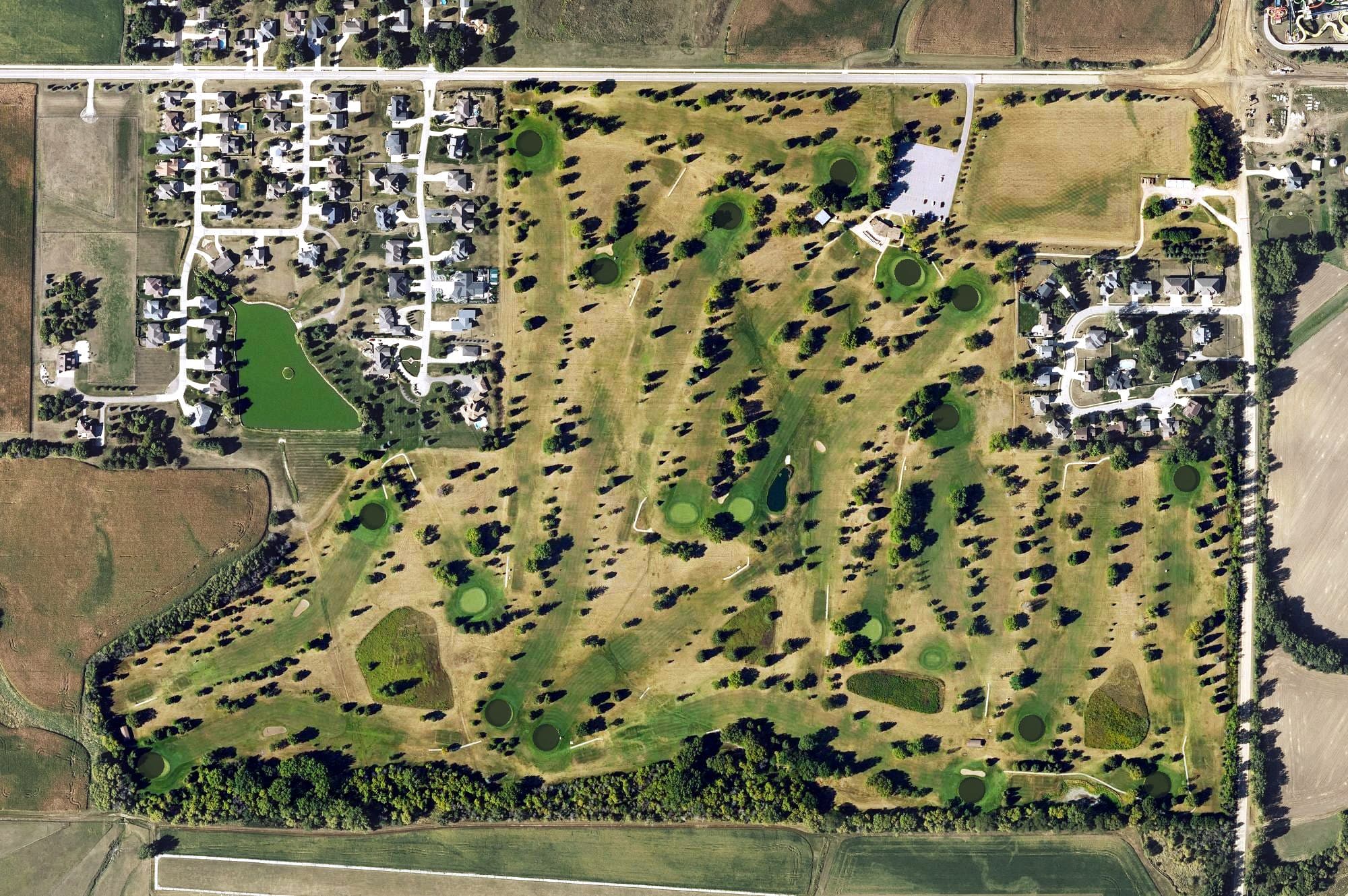 Aerial view of South Hills Golf Course, IA, with its hole routing marked