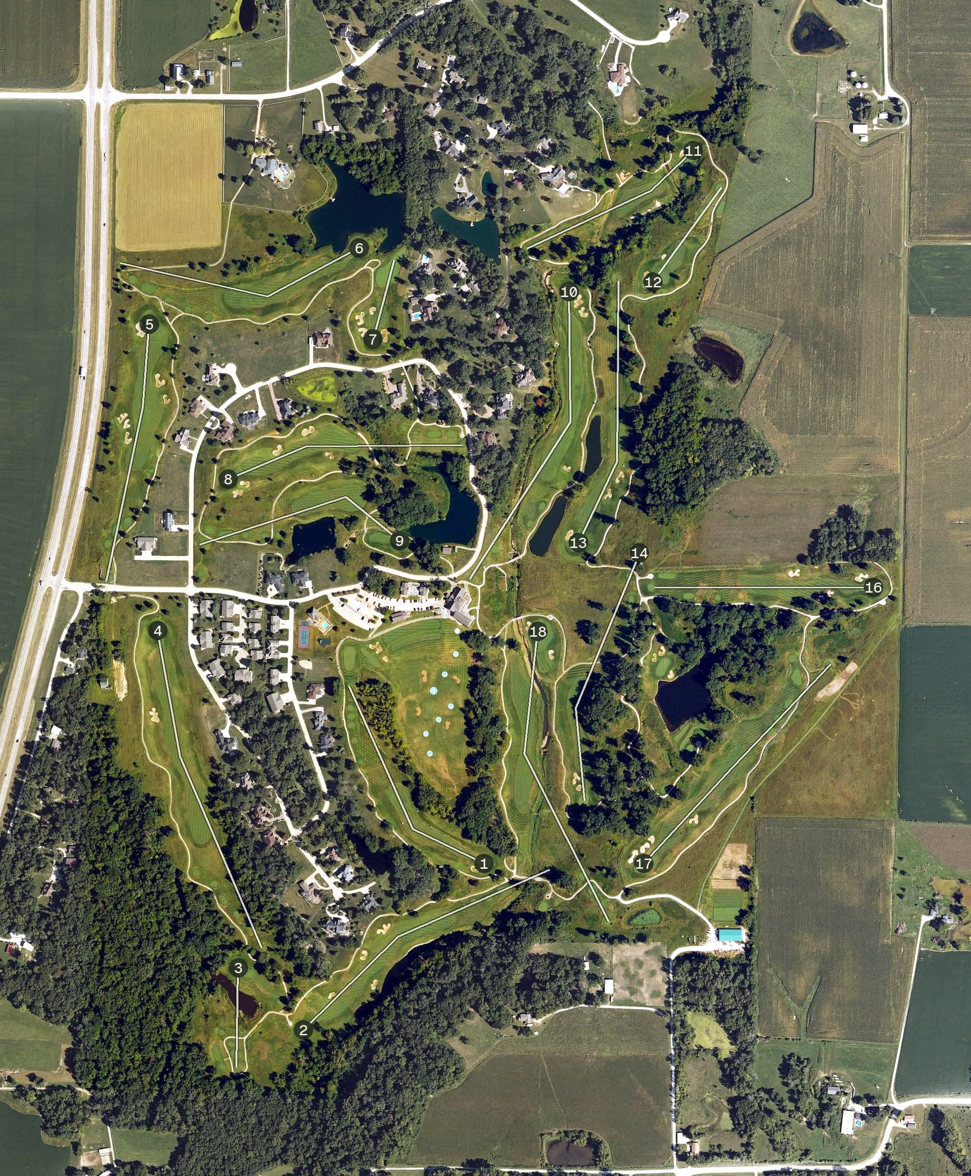 Aerial view of Spirit Hollow Golf Course, IA, with its hole routing marked
