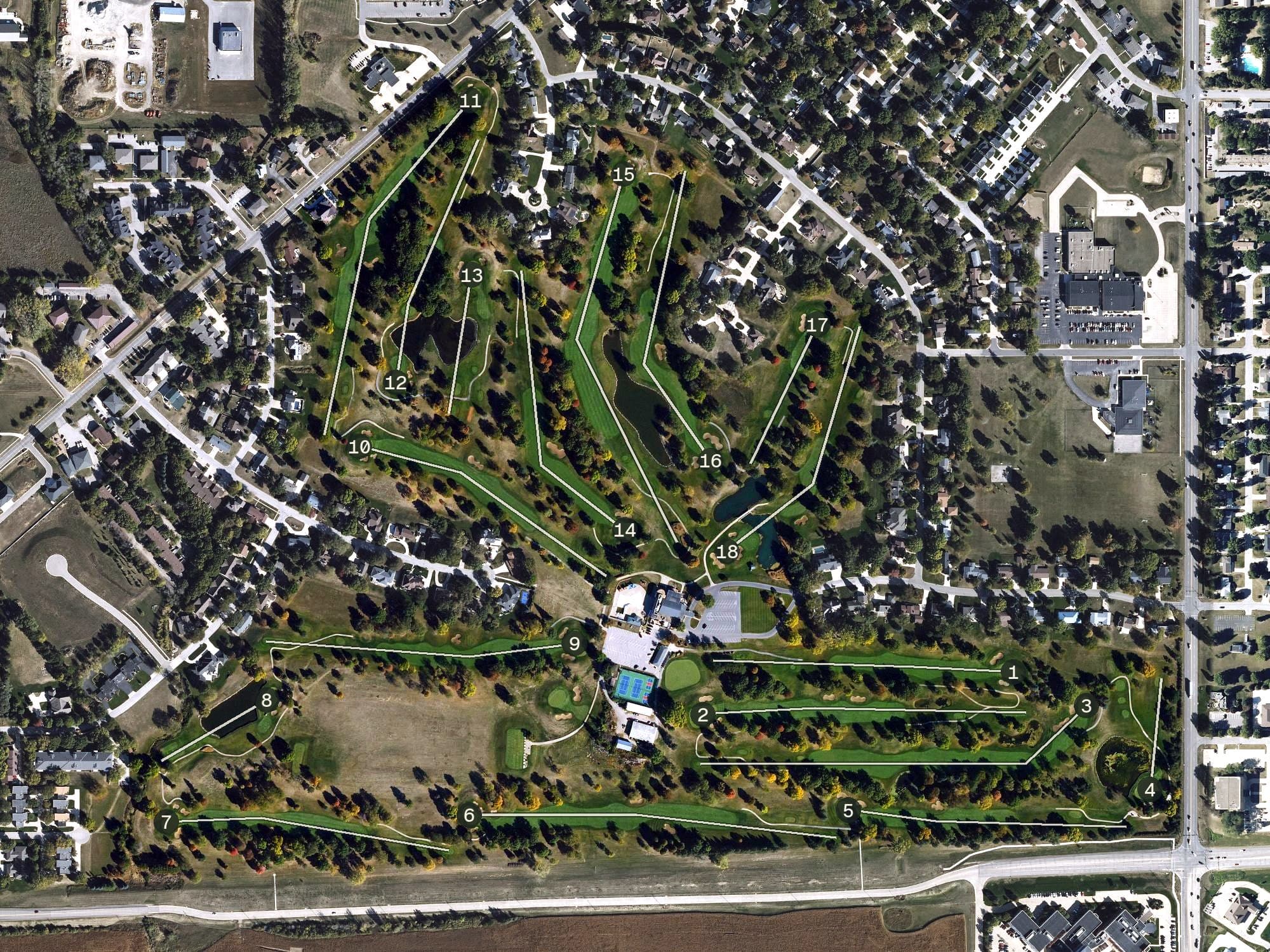 Aerial view of Sunnyside Country Club, IA, with its hole routing marked