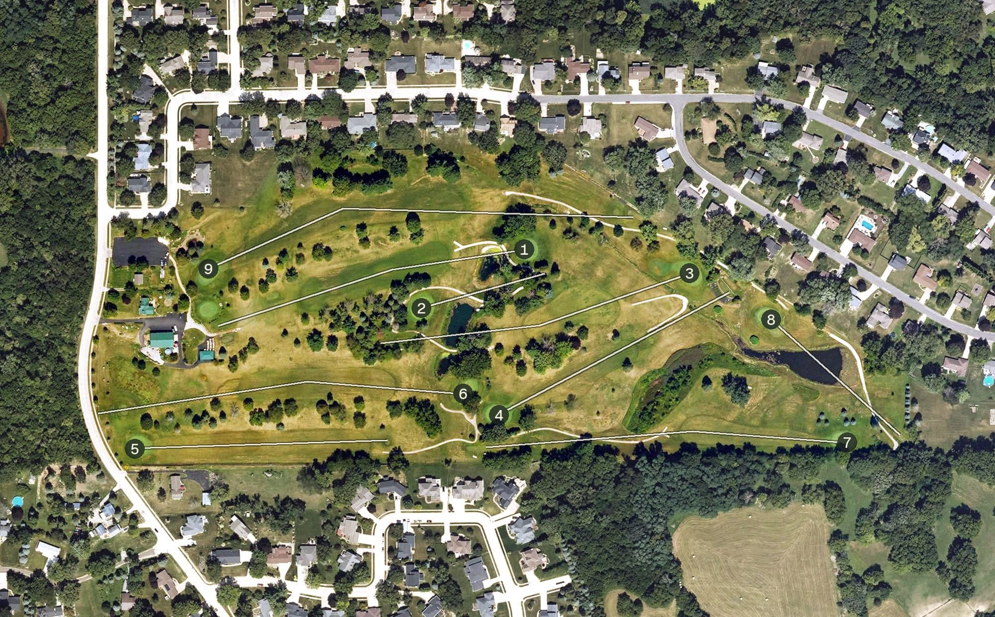 Aerial view of Sunrise Golf Course, IA, with its hole routing marked