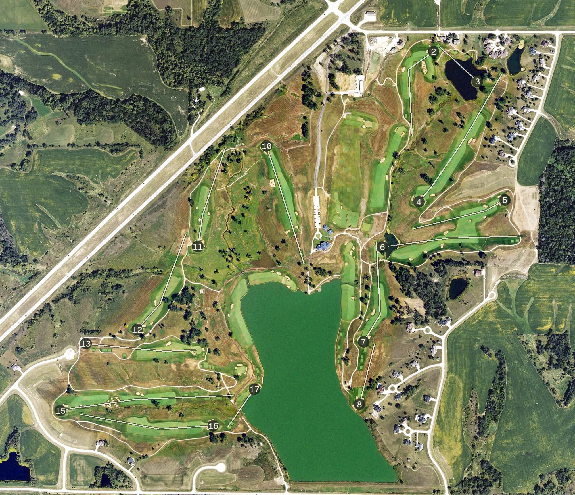 Aerial view of The Harvester Golf Club, IA, with its hole routing marked